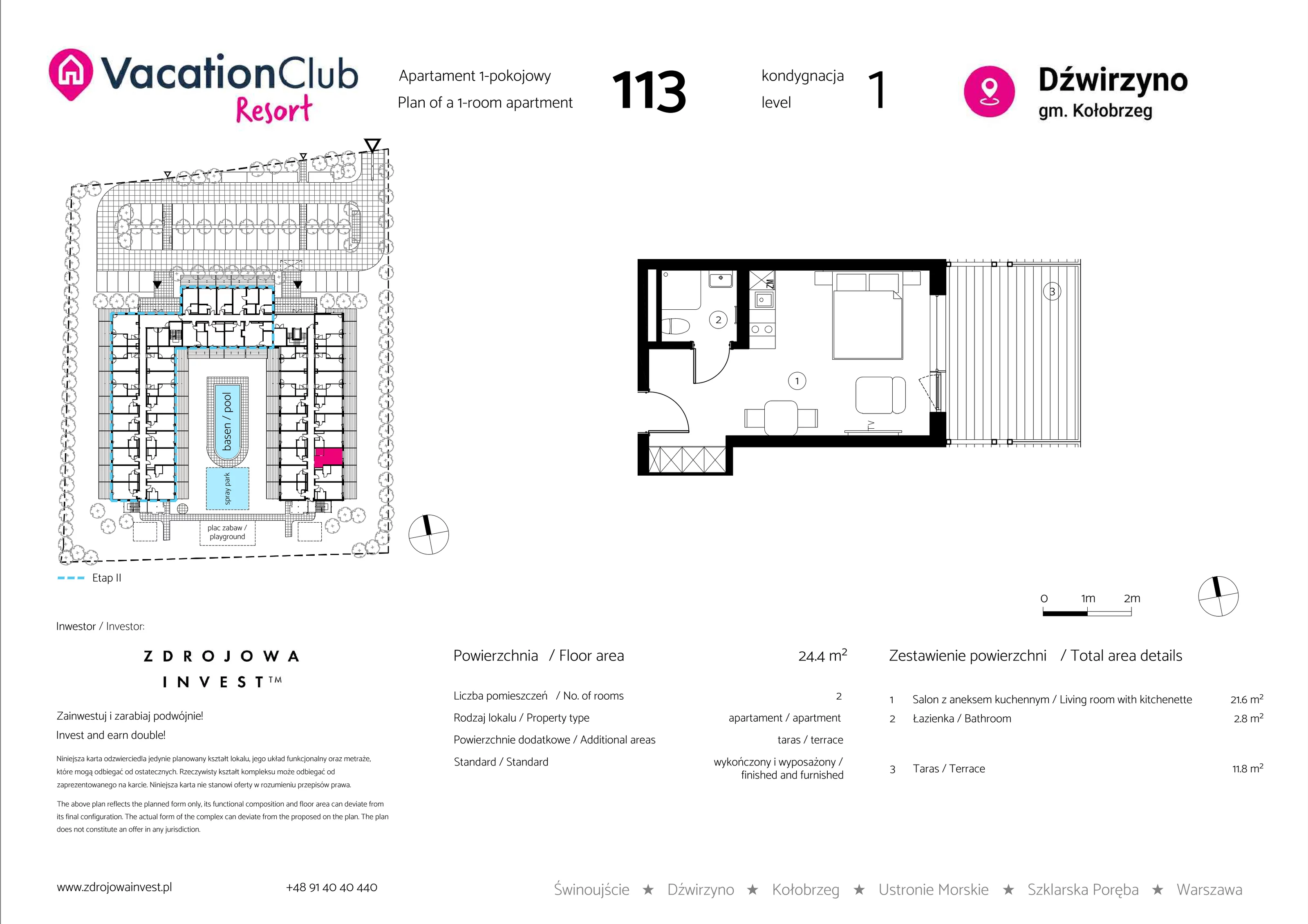 Apartament 24,40 m², parter, oferta nr 113, Vacation Club Resort - apartamenty wakacyjne, Dźwirzyno, ul. Wczasowa 8