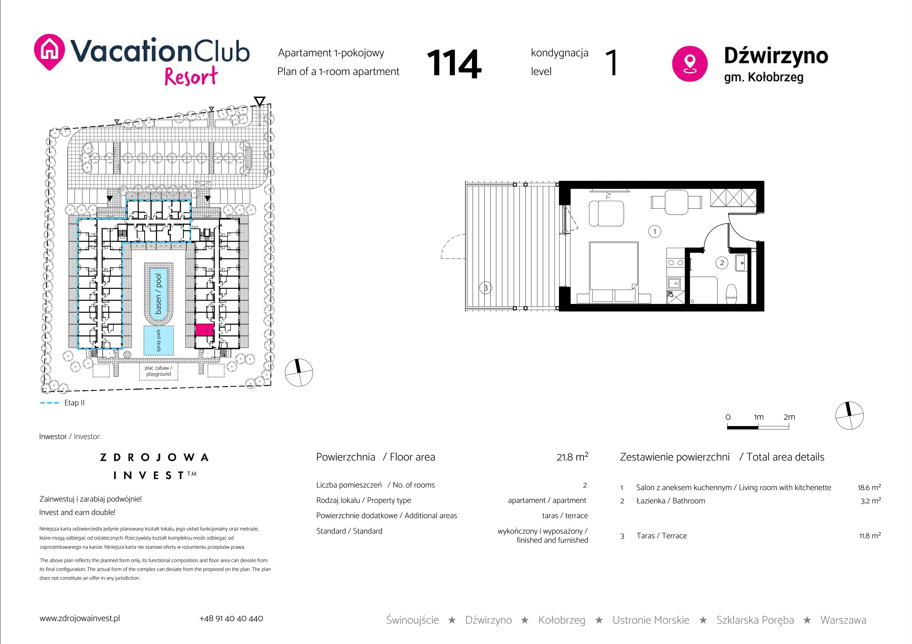 Apartament 21,80 m², parter, oferta nr 114, Vacation Club Resort - apartamenty wakacyjne, Dźwirzyno, ul. Wczasowa 8