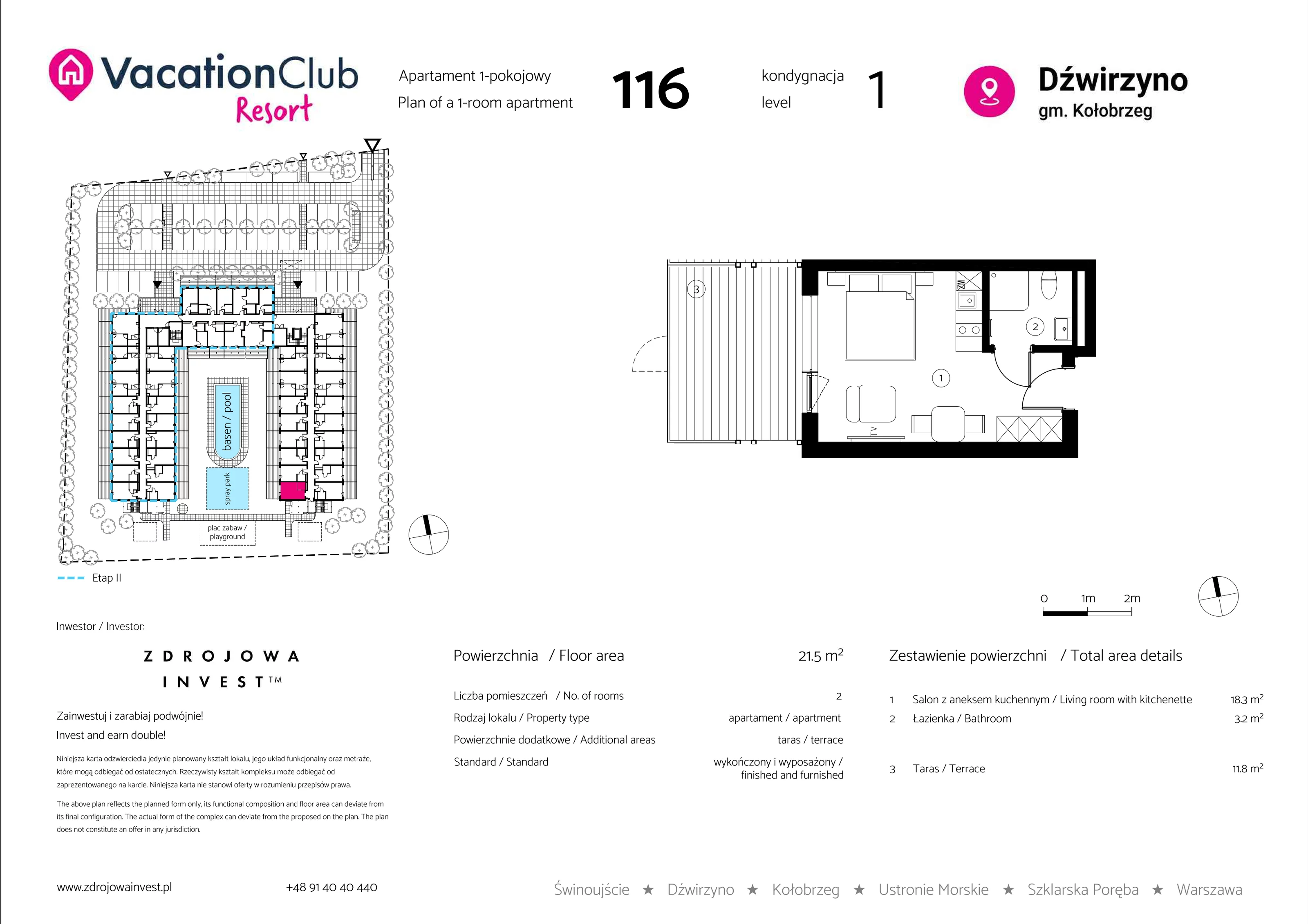 Apartament 21,50 m², parter, oferta nr 116, Vacation Club Resort - apartamenty wakacyjne, Dźwirzyno, ul. Wczasowa 8