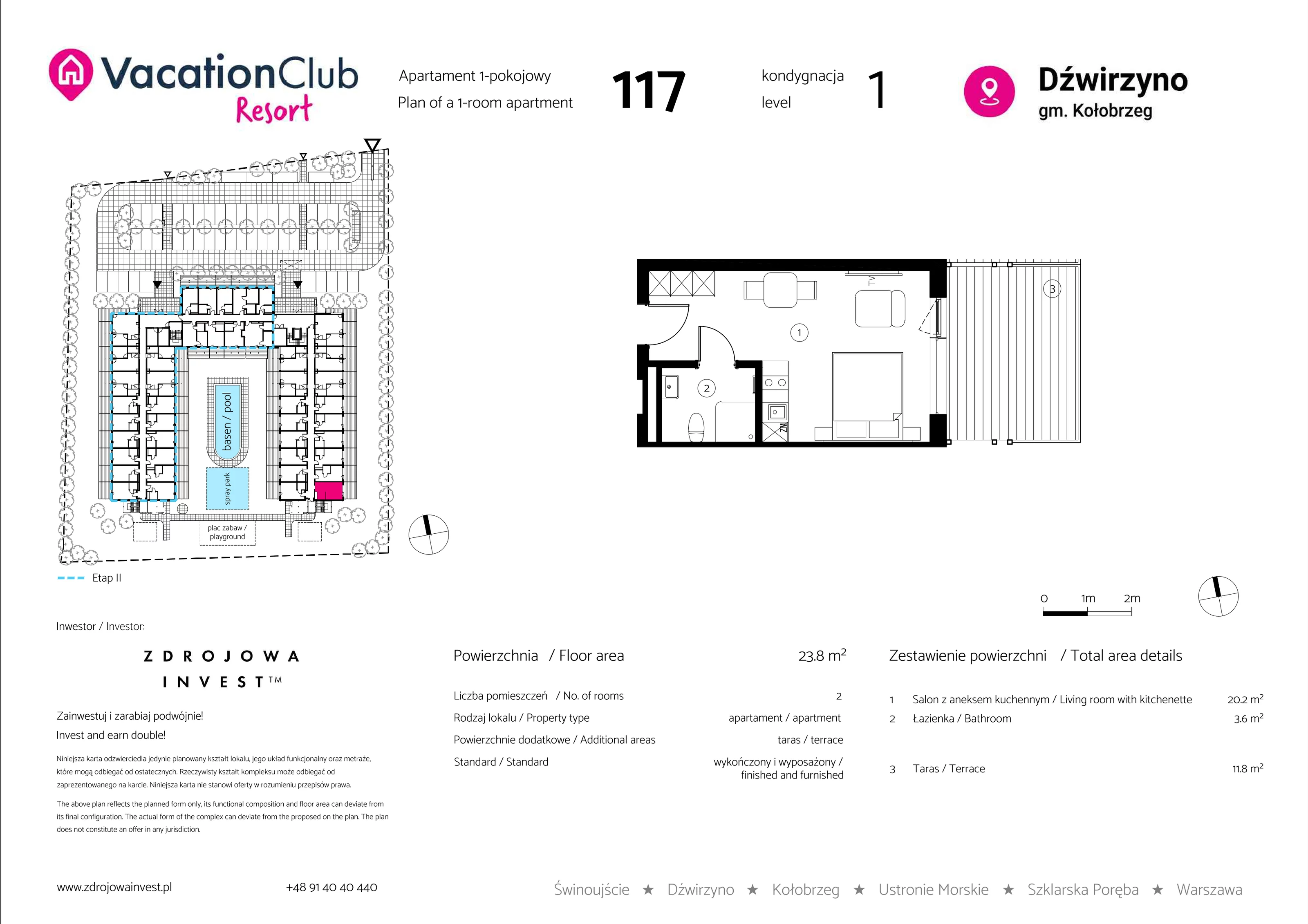 Apartament 23,80 m², parter, oferta nr 117, Vacation Club Resort - apartamenty wakacyjne, Dźwirzyno, ul. Wczasowa 8
