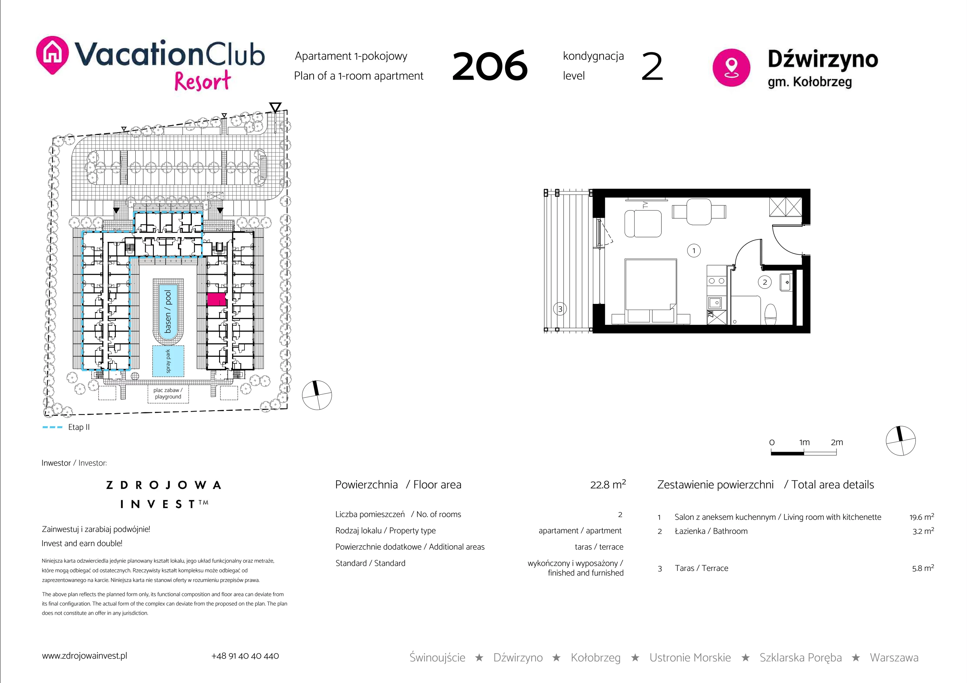 Apartament 22,80 m², piętro 1, oferta nr 206, Vacation Club Resort - apartamenty wakacyjne, Dźwirzyno, ul. Wczasowa 8