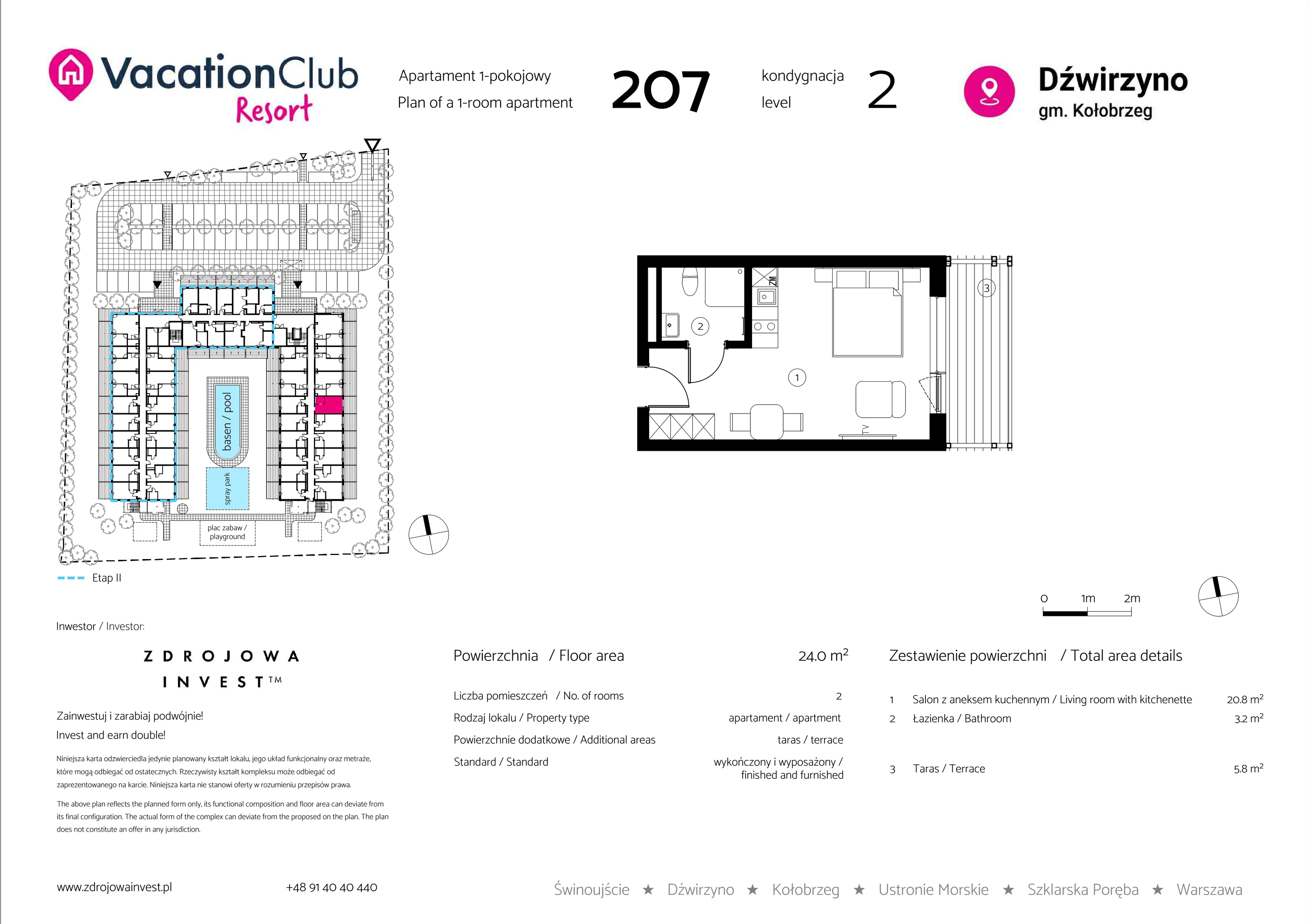 Apartament 24,00 m², piętro 1, oferta nr 207, Vacation Club Resort - apartamenty wakacyjne, Dźwirzyno, ul. Wczasowa 8