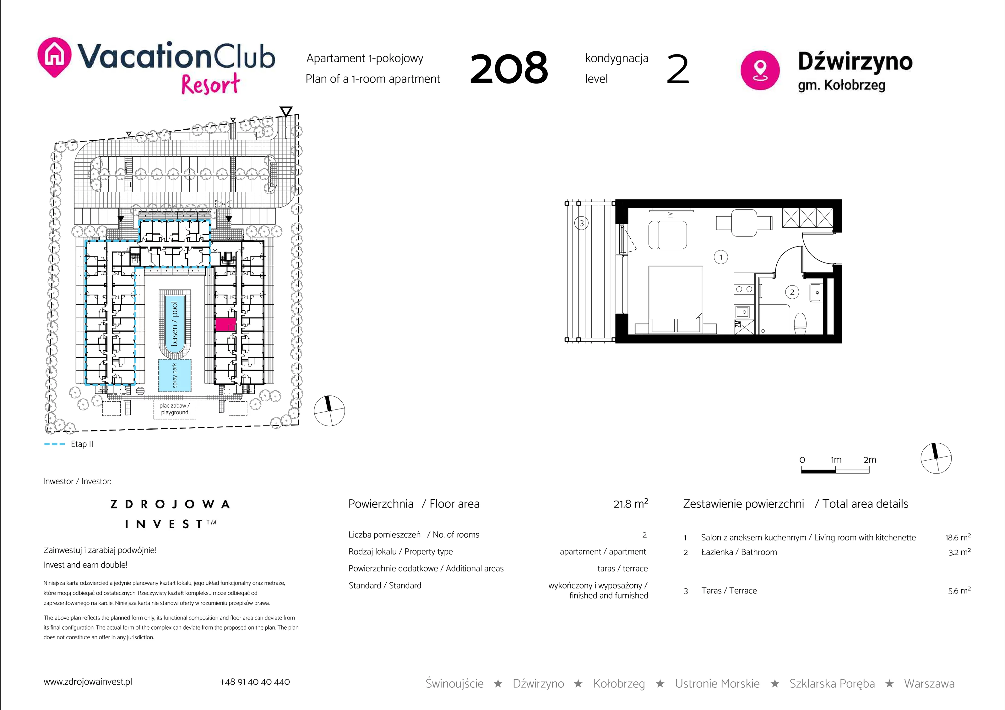 Apartament 21,80 m², piętro 1, oferta nr 208, Vacation Club Resort - apartamenty wakacyjne, Dźwirzyno, ul. Wczasowa 8