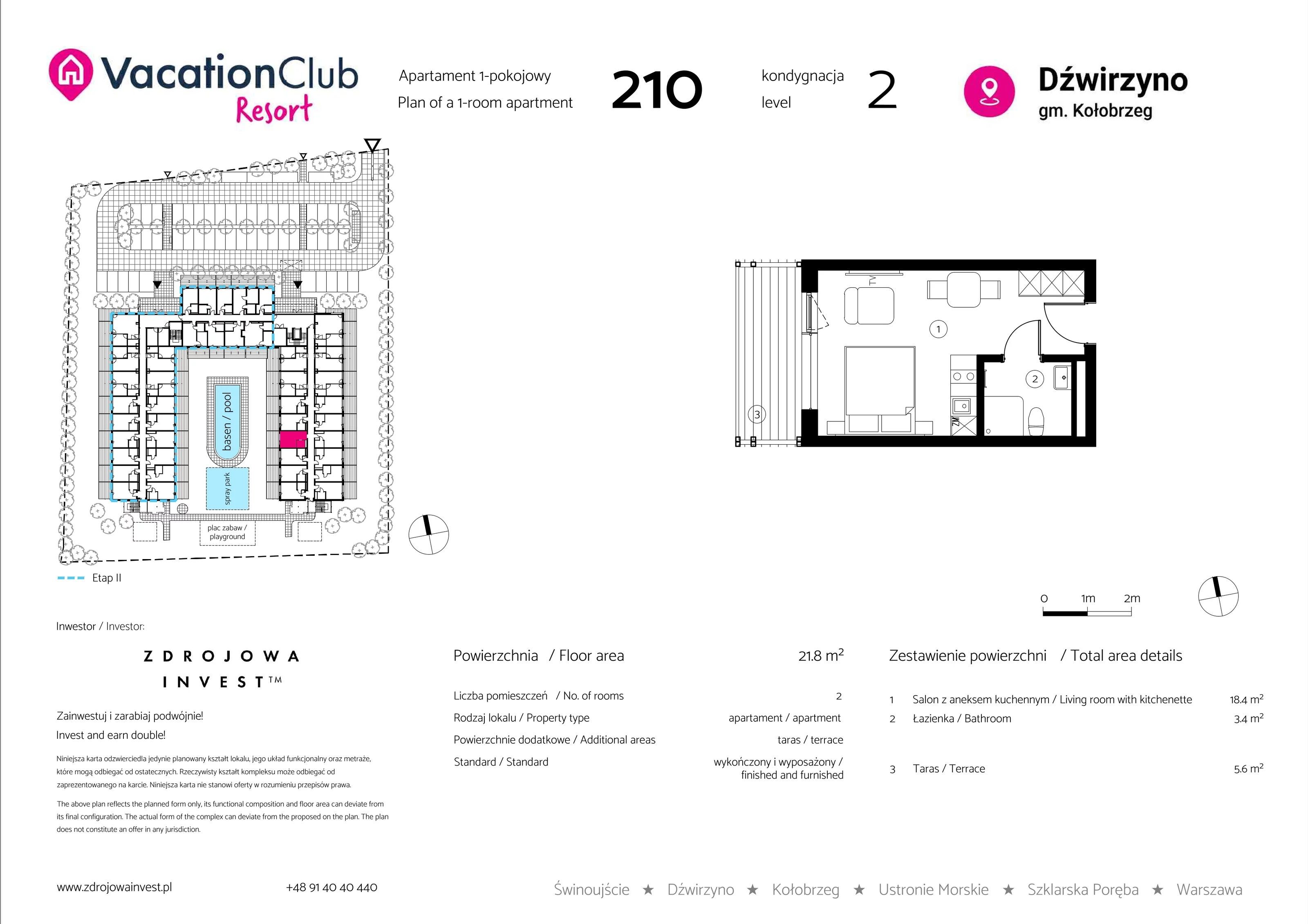 Apartament 21,80 m², piętro 1, oferta nr 210, Vacation Club Resort - apartamenty wakacyjne, Dźwirzyno, ul. Wczasowa 8