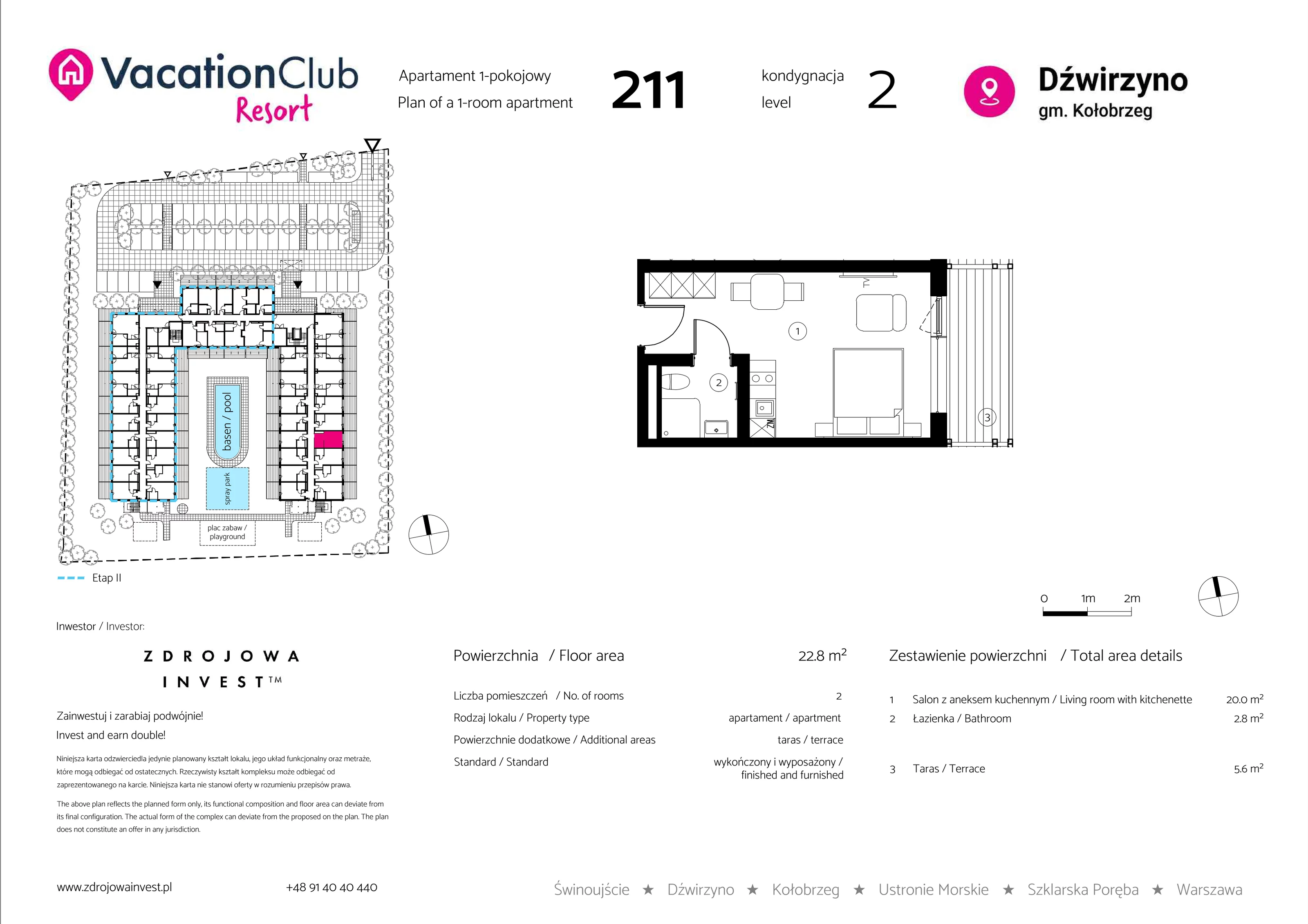 Apartament 22,80 m², piętro 1, oferta nr 211, Vacation Club Resort - apartamenty wakacyjne, Dźwirzyno, ul. Wczasowa 8