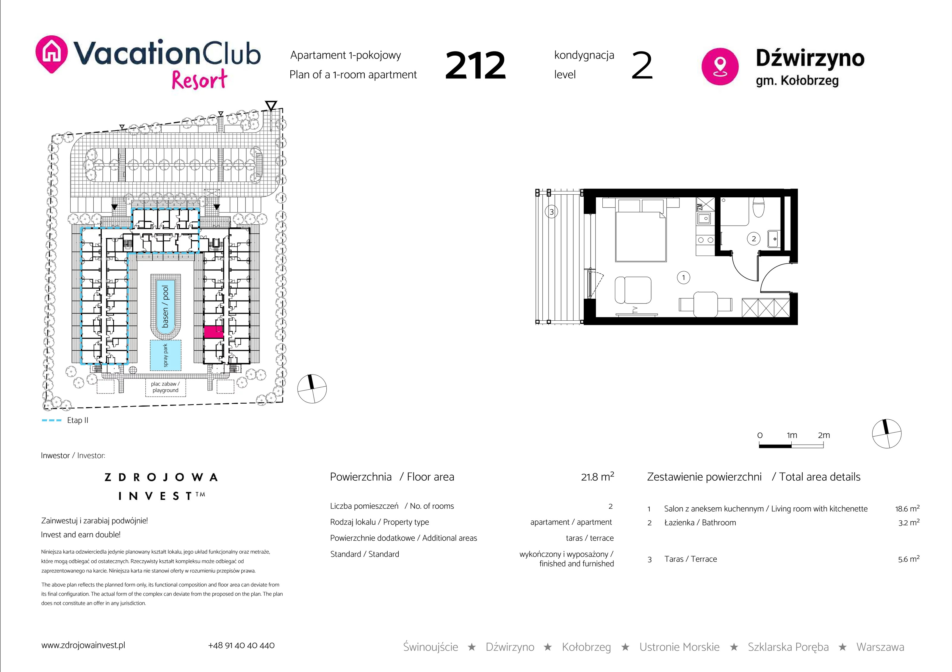 Apartament 21,80 m², piętro 1, oferta nr 212, Vacation Club Resort - apartamenty wakacyjne, Dźwirzyno, ul. Wczasowa 8