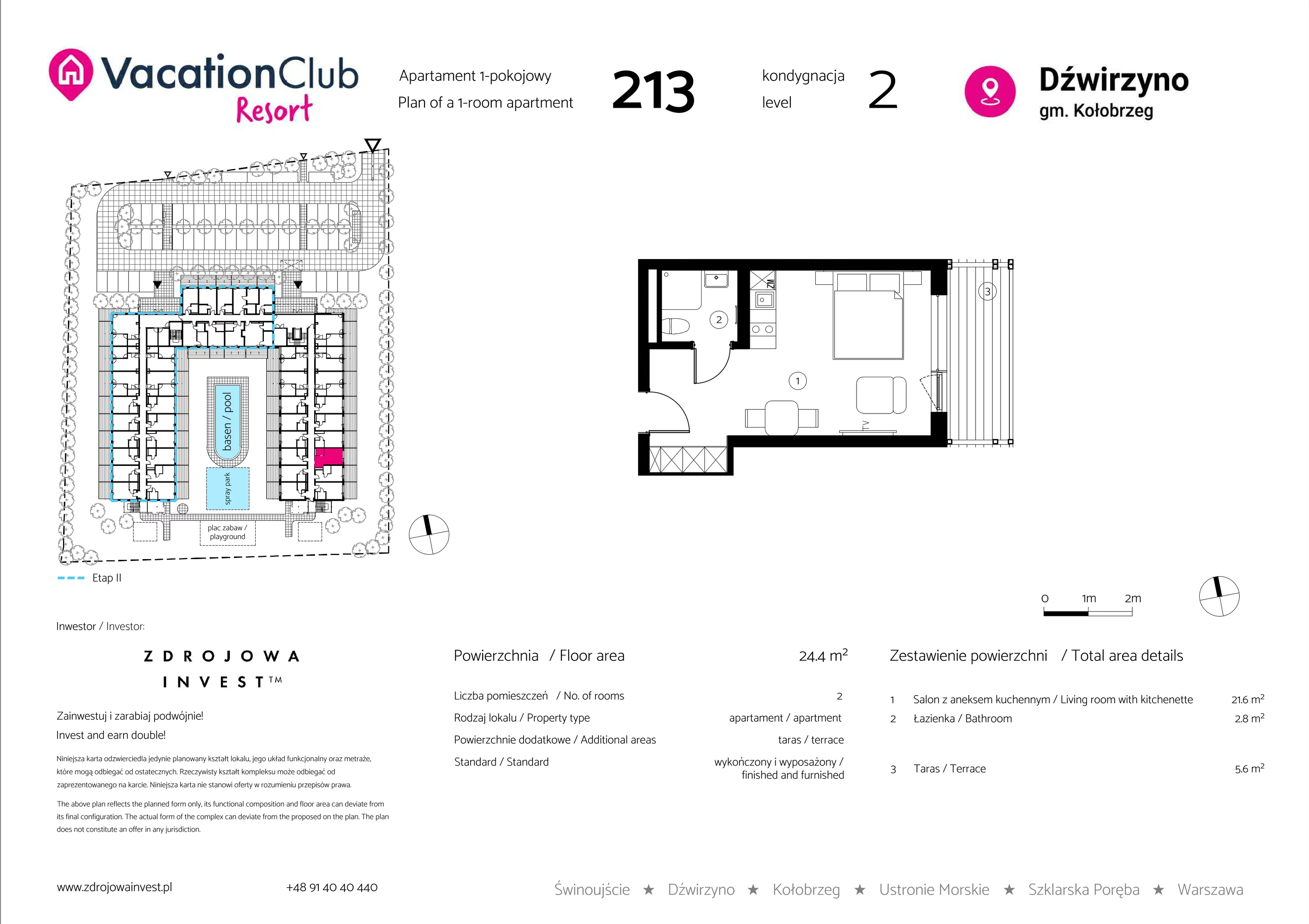 Apartament 24,40 m², piętro 1, oferta nr 213, Vacation Club Resort - apartamenty wakacyjne, Dźwirzyno, ul. Wczasowa 8