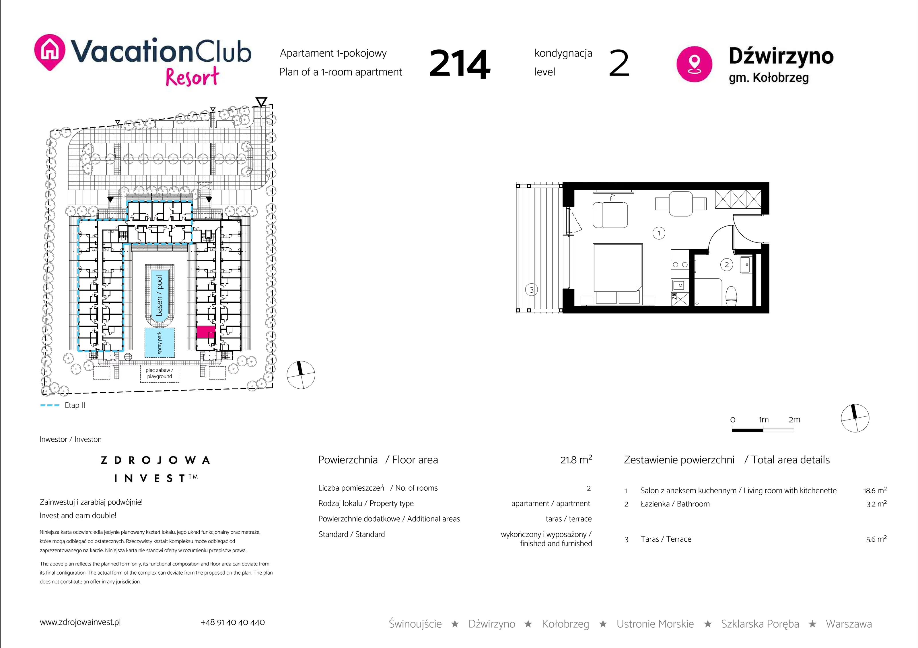 Apartament 21,80 m², piętro 1, oferta nr 214, Vacation Club Resort - apartamenty wakacyjne, Dźwirzyno, ul. Wczasowa 8