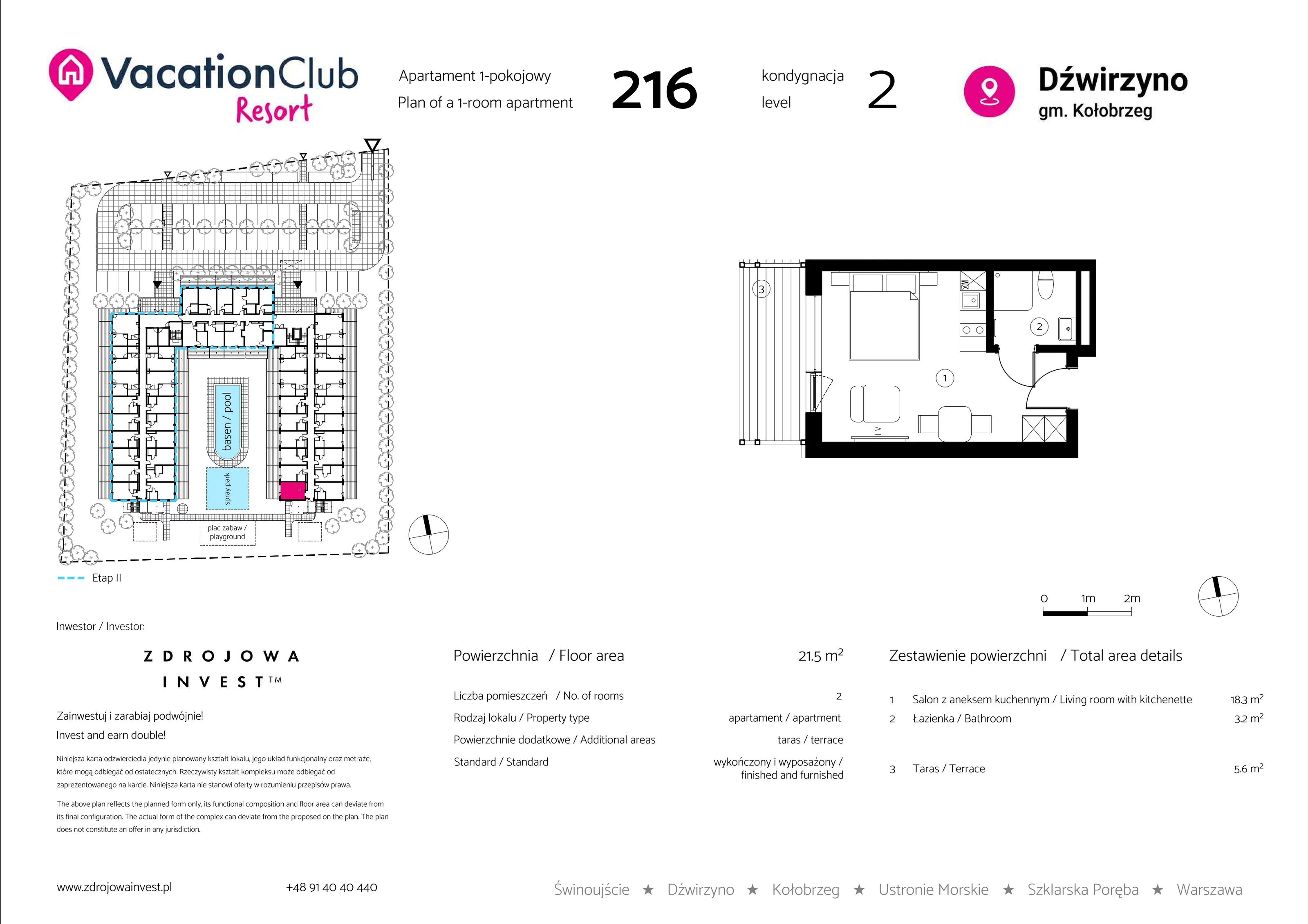 Apartament 21,50 m², piętro 1, oferta nr 216, Vacation Club Resort - apartamenty wakacyjne, Dźwirzyno, ul. Wczasowa 8