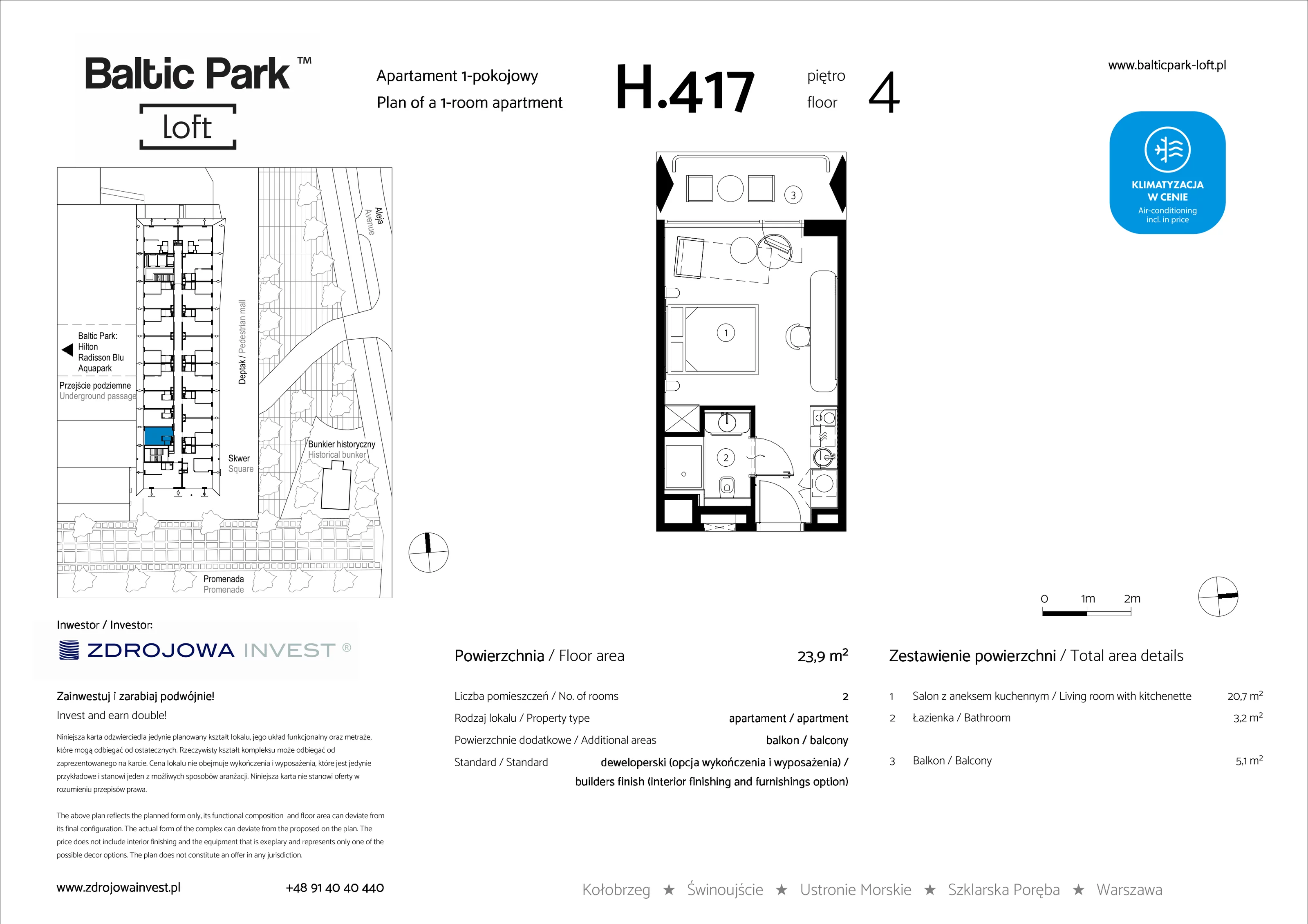 Apartament 23,90 m², piętro 4, oferta nr H.417, Baltic Park Loft, Świnoujście, ul. Uzdrowiskowa 42