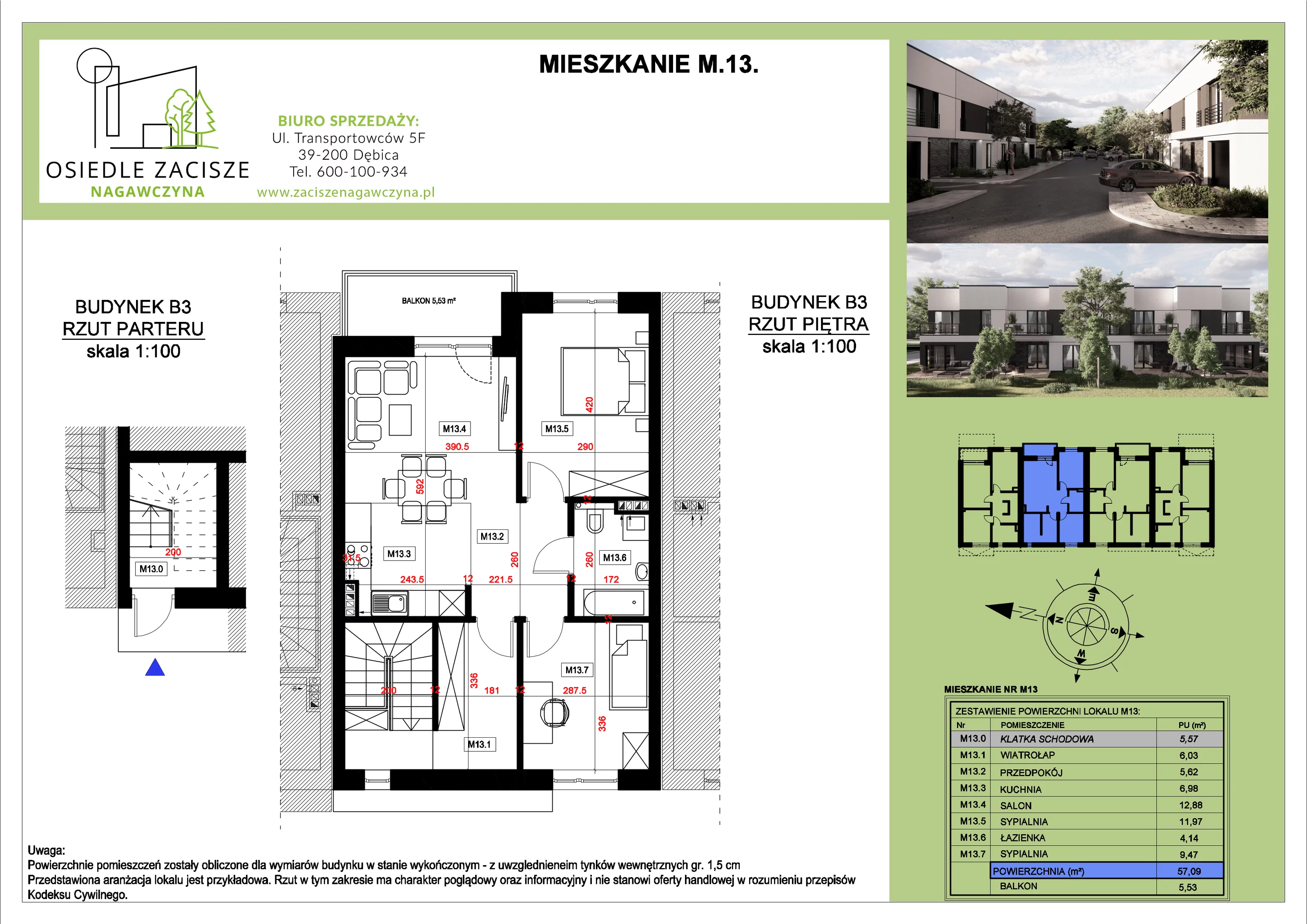 Mieszkanie 57,09 m², piętro 1, oferta nr M13, Osiedle Zacisze Nagawczyna, Nagawczyna, Nagawczyna