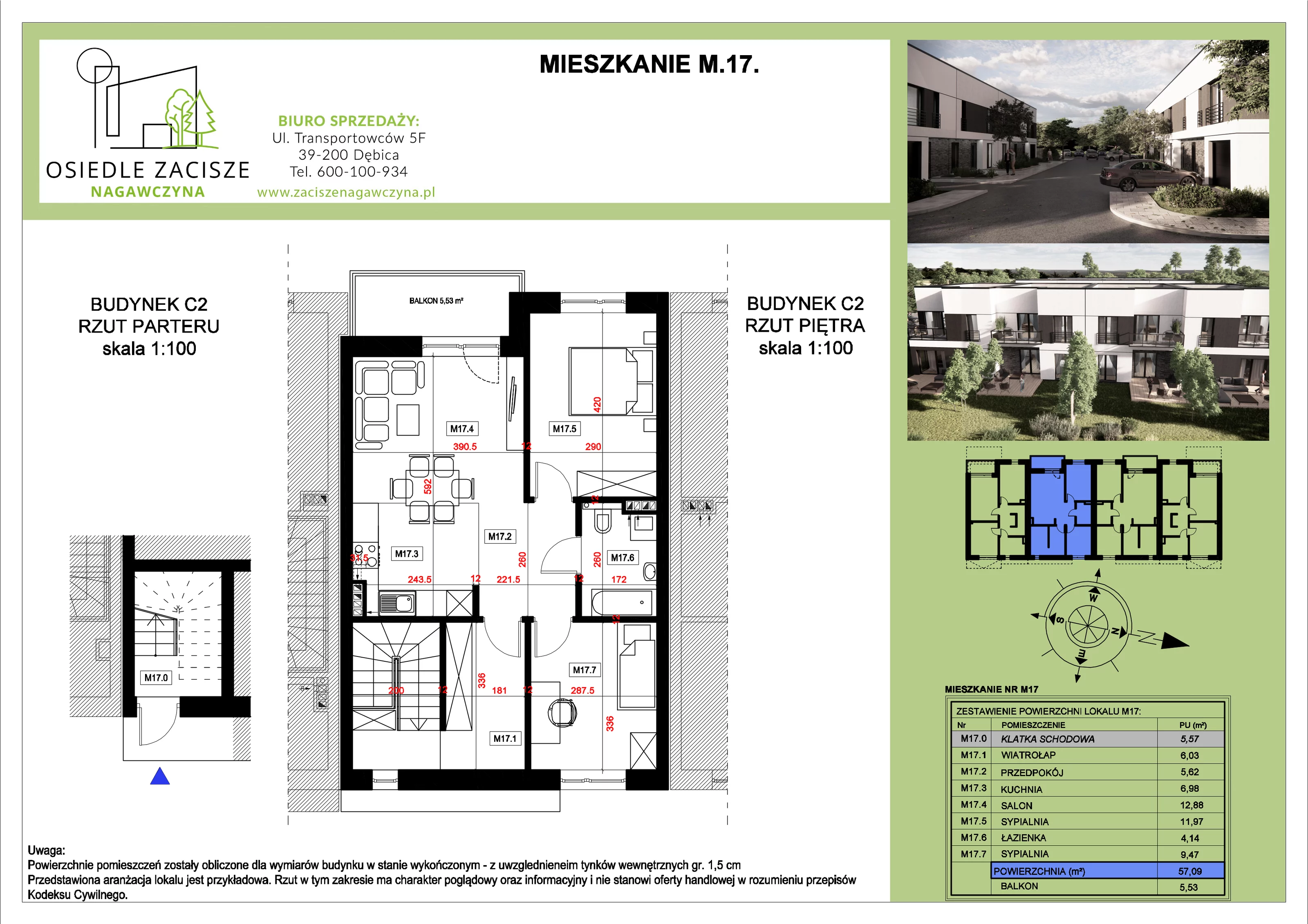 Mieszkanie 57,09 m², piętro 1, oferta nr M17, Osiedle Zacisze Nagawczyna, Nagawczyna, Nagawczyna