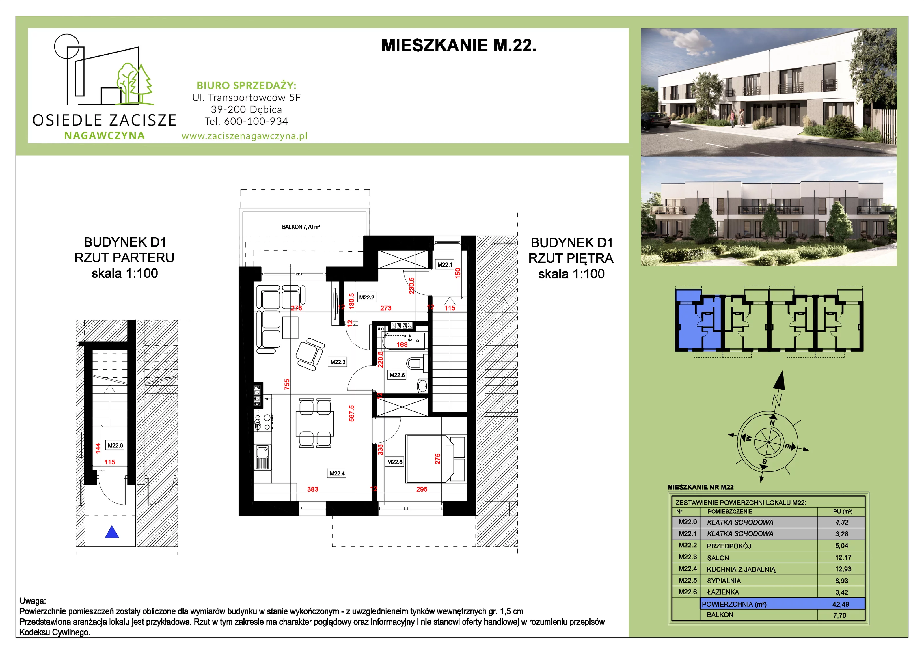 Mieszkanie 42,49 m², piętro 1, oferta nr M22, Osiedle Zacisze Nagawczyna, Nagawczyna, Nagawczyna