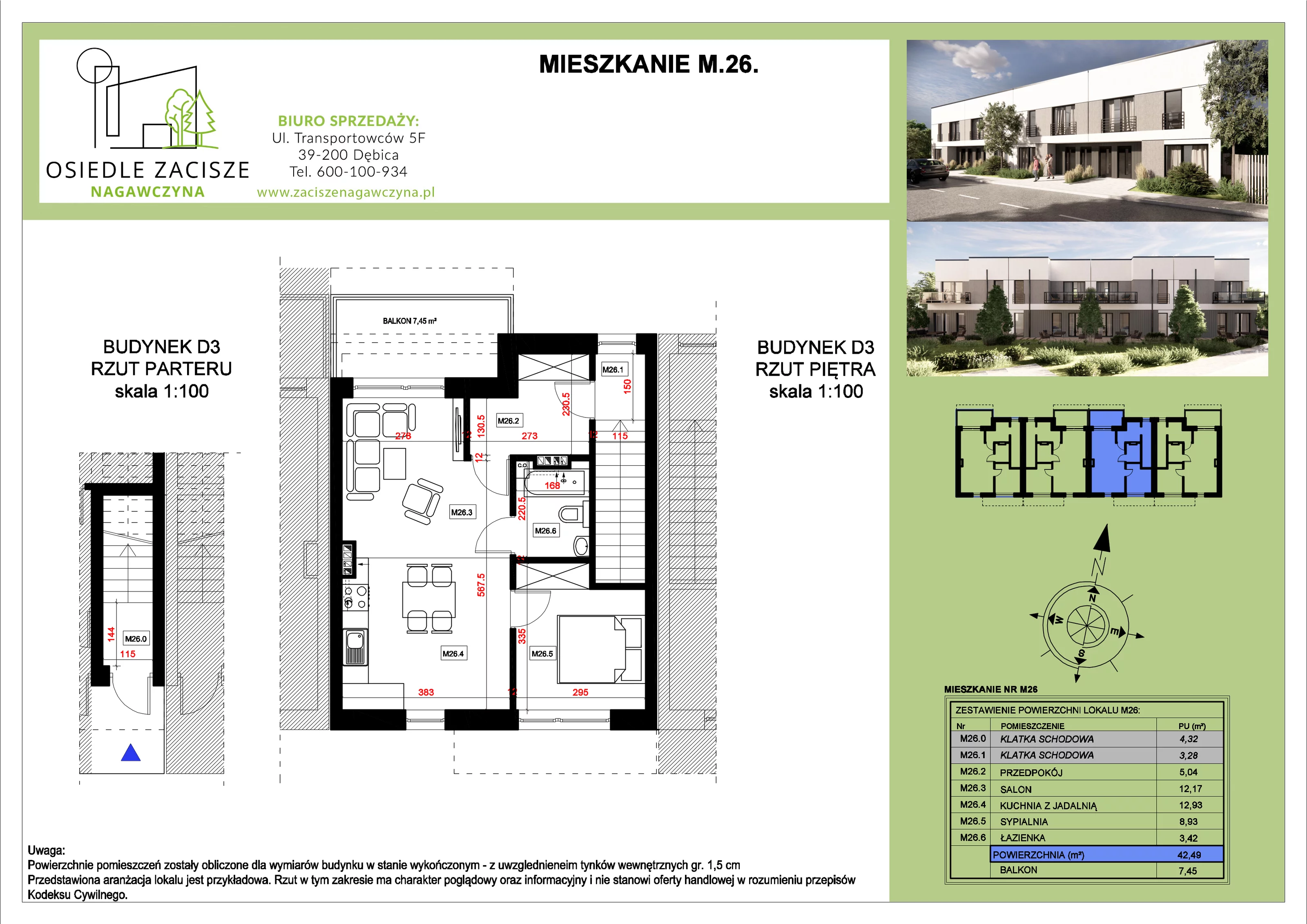 Mieszkanie 42,49 m², piętro 1, oferta nr M26, Osiedle Zacisze Nagawczyna, Nagawczyna, Nagawczyna