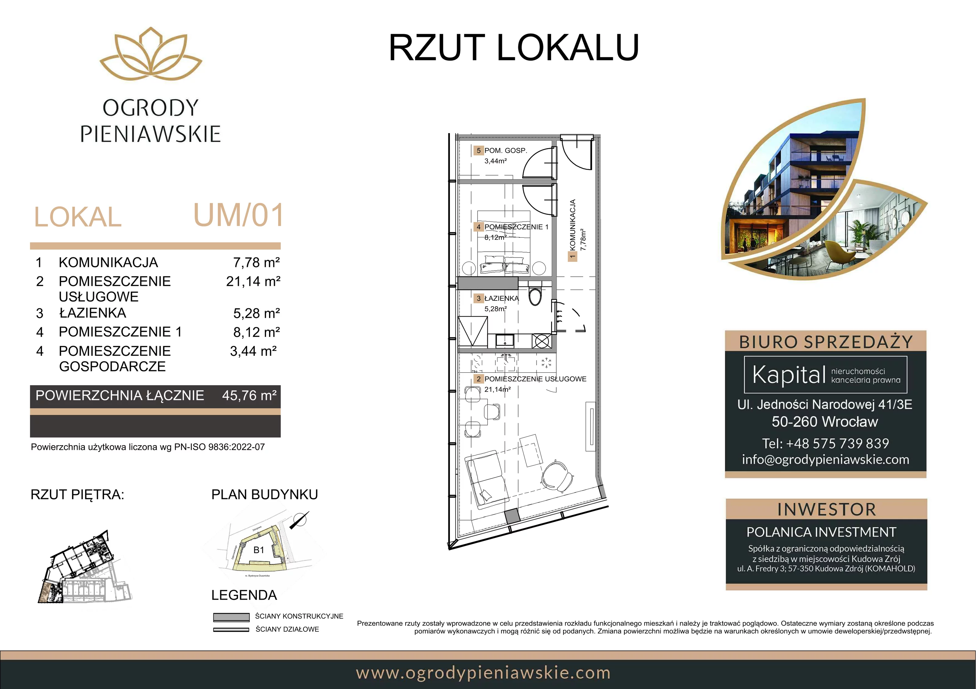 3 pokoje, apartament 45,76 m², parter, oferta nr UM//01, Ogrody Pieniawskie, Polanica-Zdrój, ul. Zdrojowa