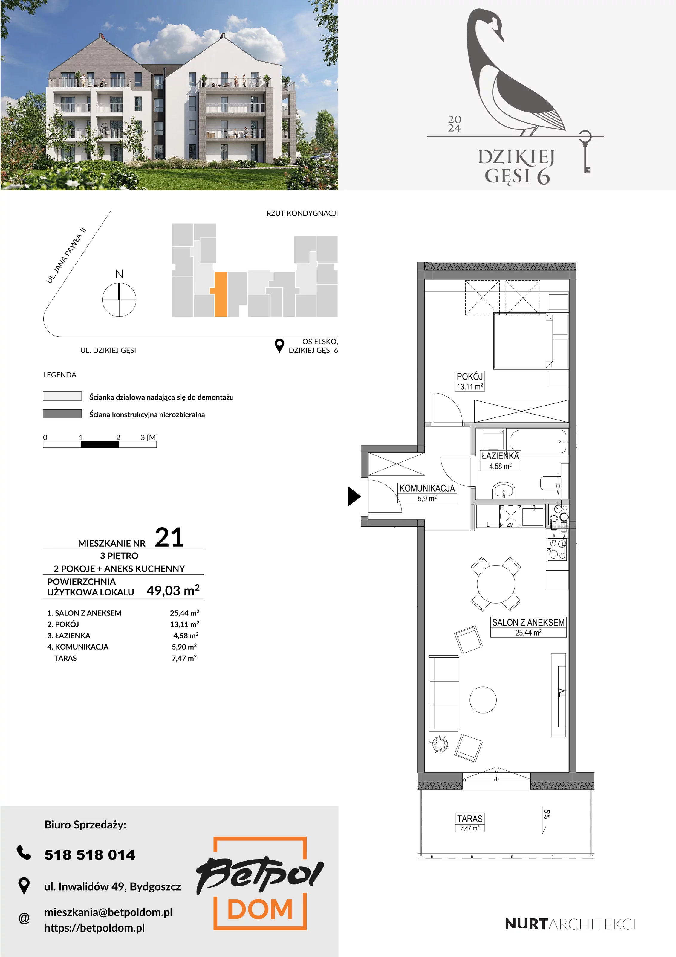 2 pokoje, mieszkanie 49,03 m², piętro 3, oferta nr 21, Dzikiej Gęsi, Osielsko, ul. Dzikiej Gęsi 6