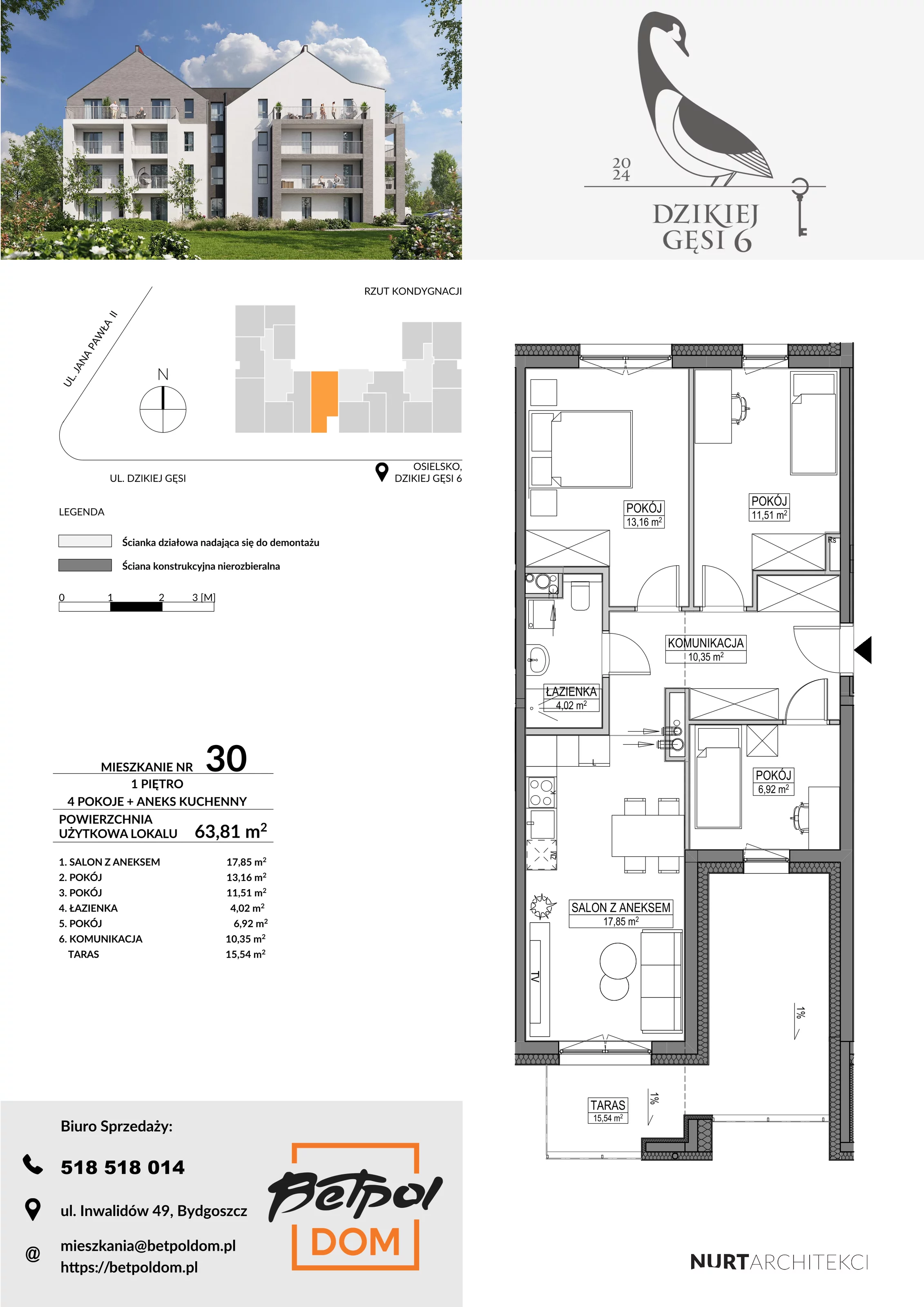 4 pokoje, mieszkanie 63,81 m², piętro 1, oferta nr 30, Dzikiej Gęsi, Osielsko, ul. Dzikiej Gęsi 6