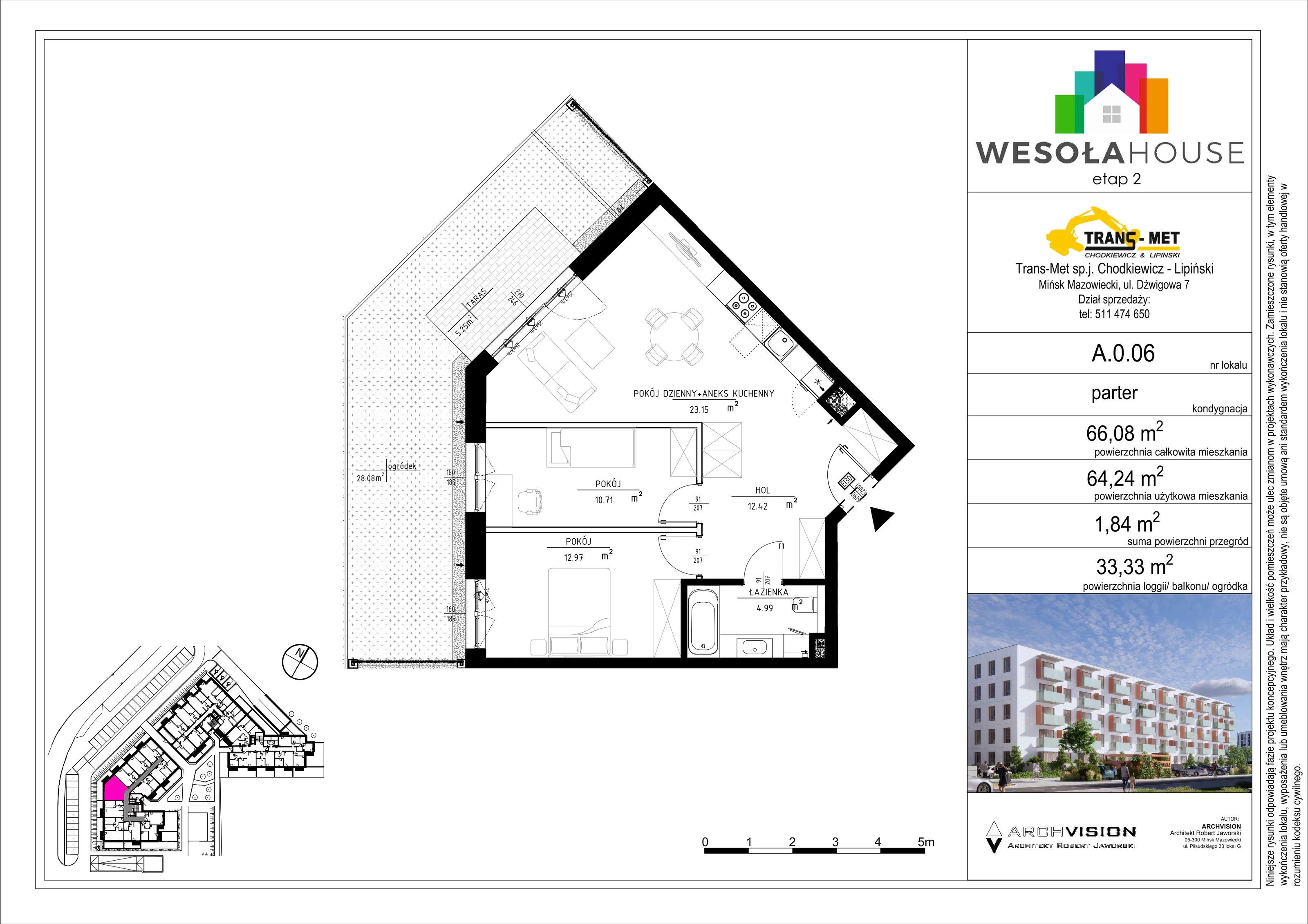 3 pokoje, mieszkanie 64,24 m², parter, oferta nr A.0.6, Wesoła House Etap II, Mińsk Mazowiecki, ul. Wesoła 2B