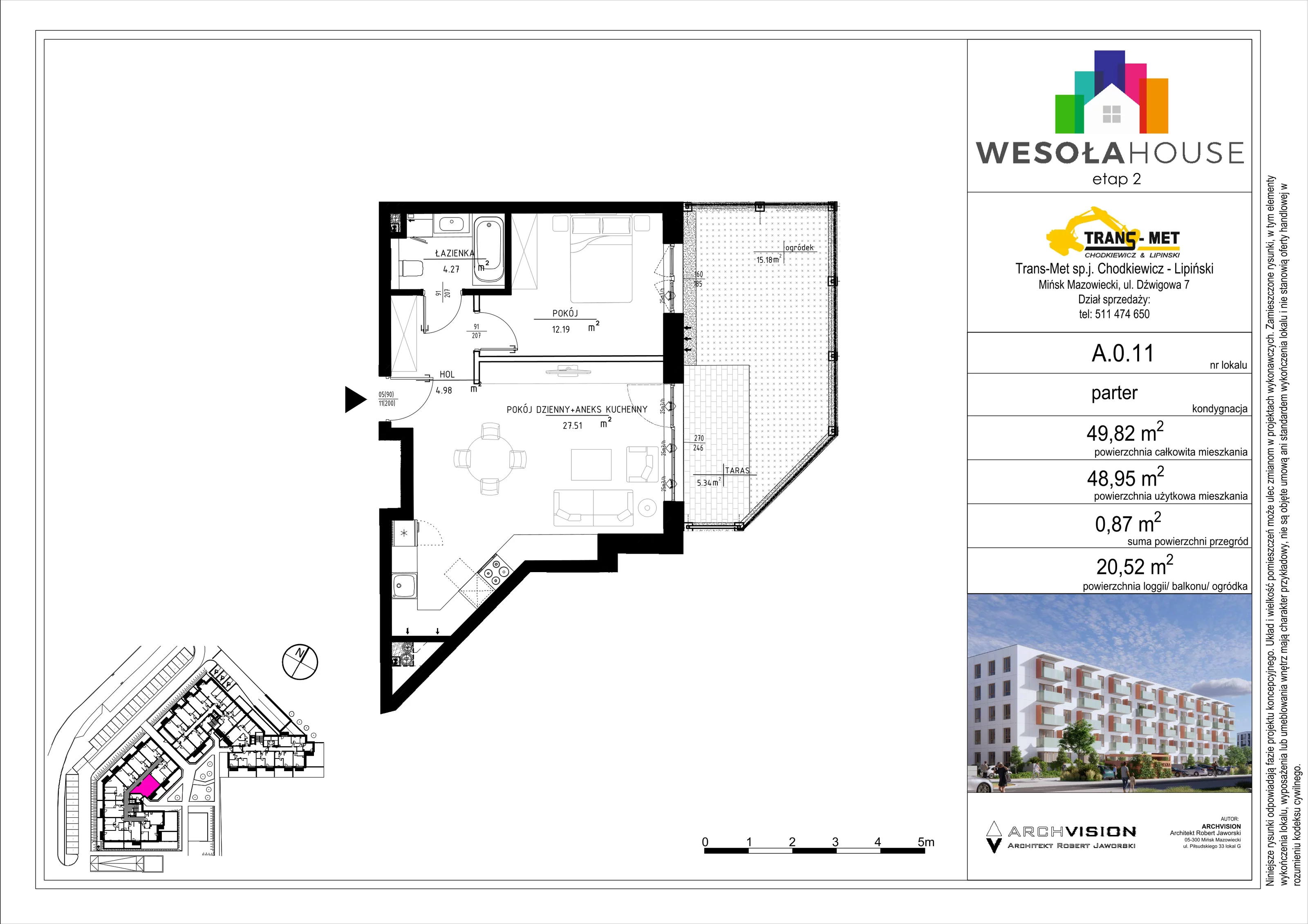 2 pokoje, mieszkanie 48,91 m², parter, oferta nr A.0.11, Wesoła House Etap II, Mińsk Mazowiecki, ul. Wesoła 2B