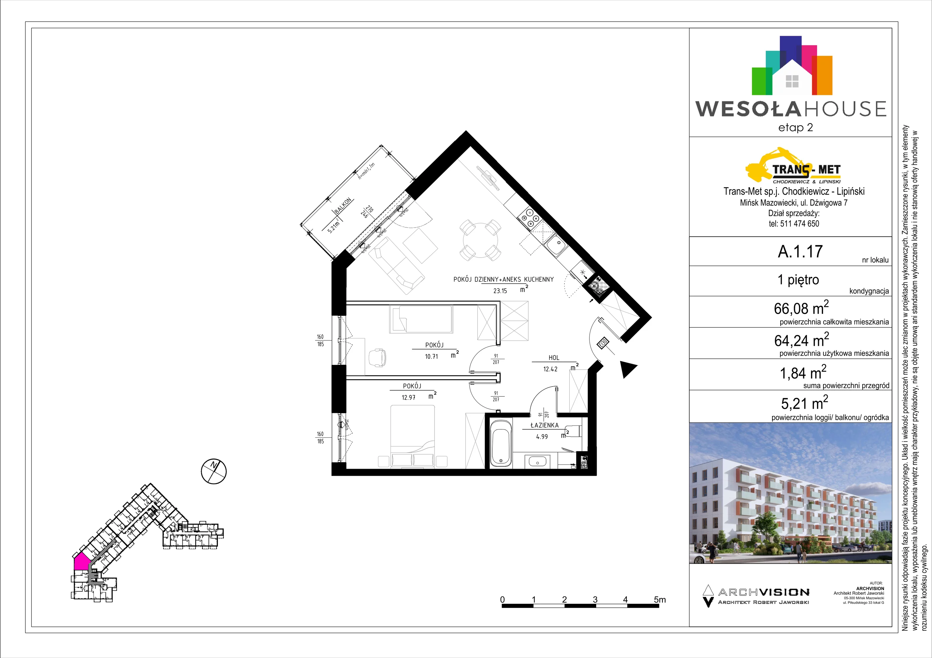 3 pokoje, mieszkanie 64,24 m², piętro 1, oferta nr A.1.17, Wesoła House Etap II, Mińsk Mazowiecki, ul. Wesoła 2B