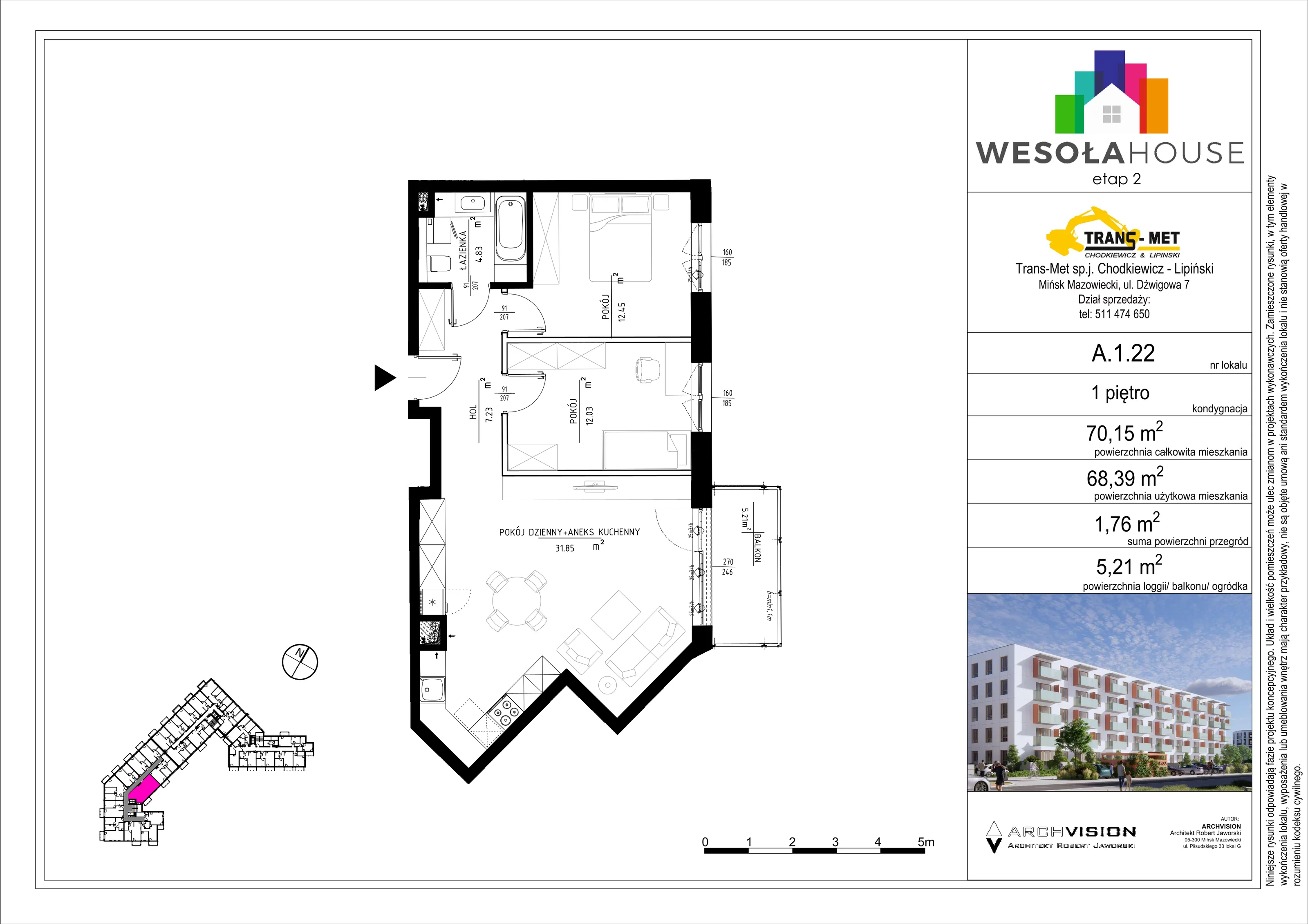 3 pokoje, mieszkanie 68,39 m², piętro 1, oferta nr A.1.22, Wesoła House Etap II, Mińsk Mazowiecki, ul. Wesoła 2B