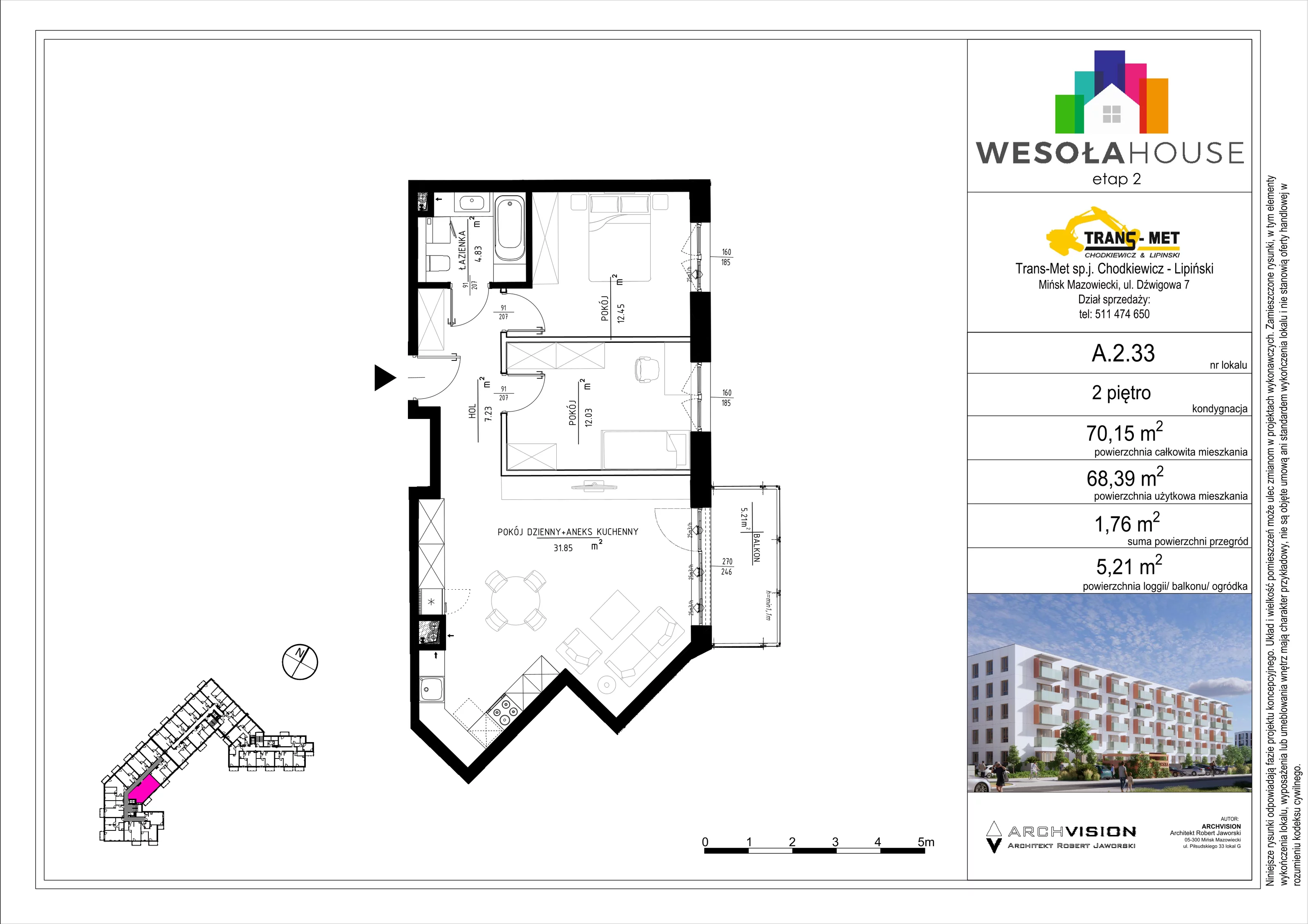 3 pokoje, mieszkanie 68,39 m², piętro 2, oferta nr A.2.33, Wesoła House Etap II, Mińsk Mazowiecki, ul. Wesoła 2B