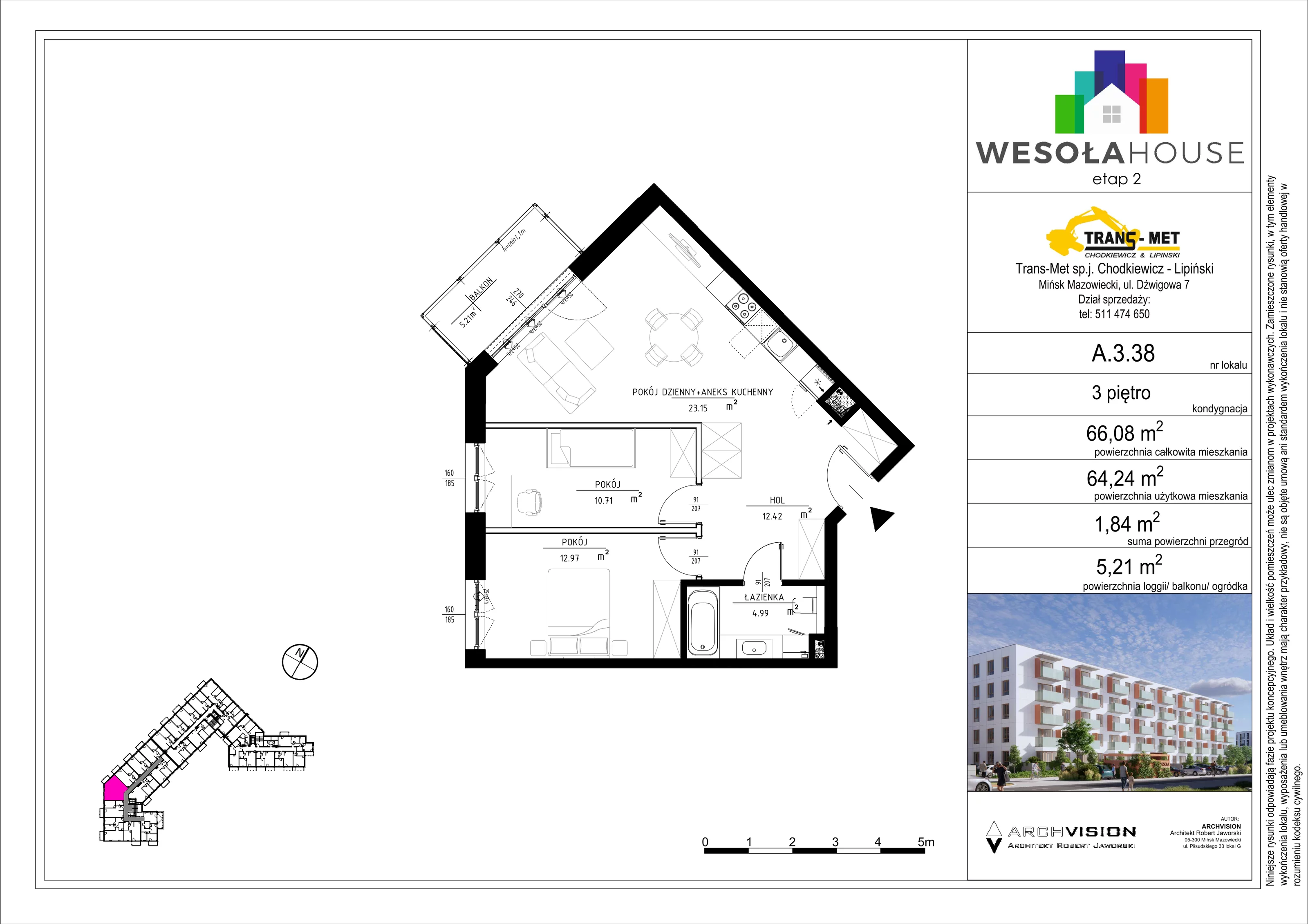 3 pokoje, mieszkanie 64,24 m², piętro 3, oferta nr A.3.38, Wesoła House Etap II, Mińsk Mazowiecki, ul. Wesoła 2B