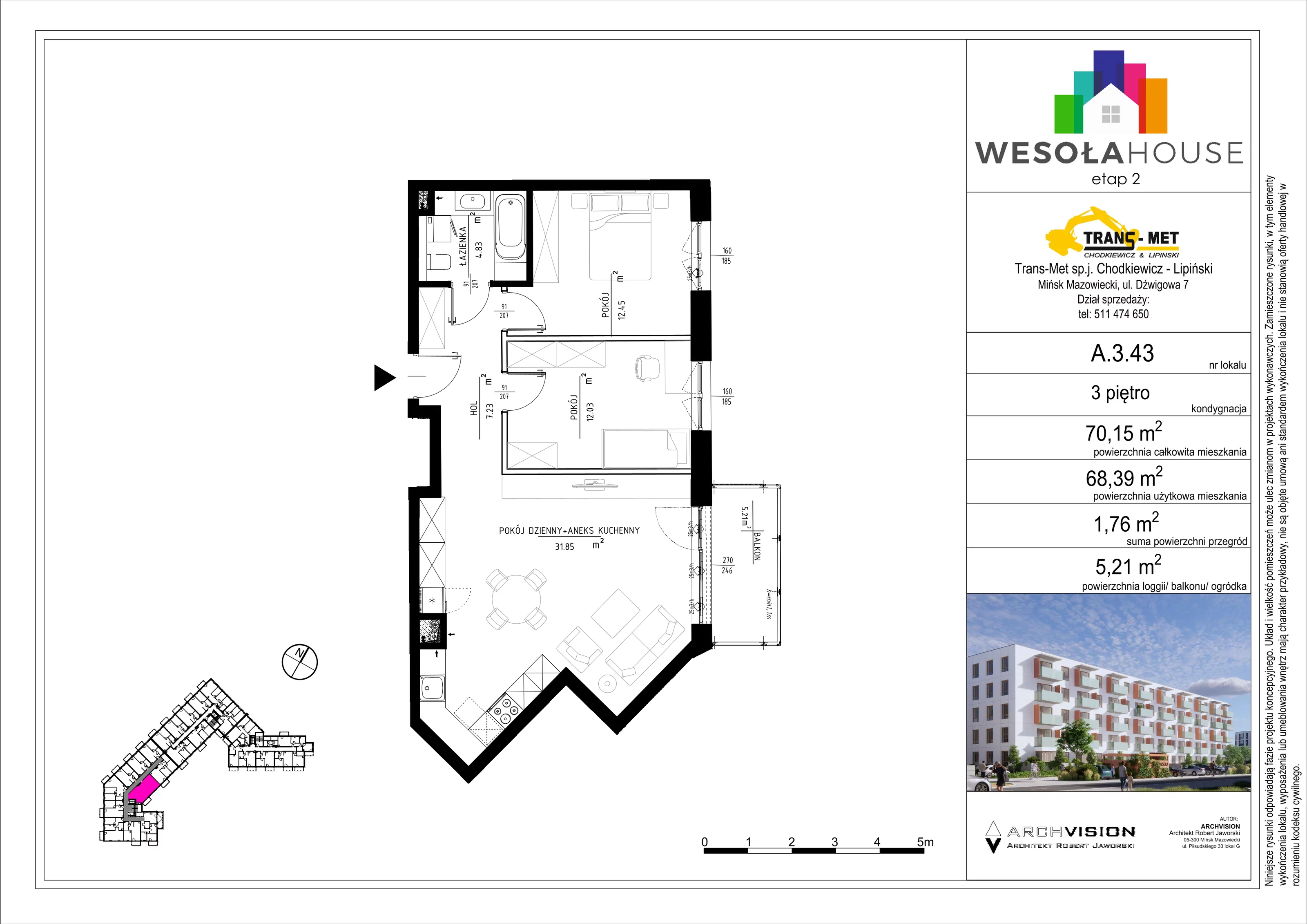 3 pokoje, mieszkanie 68,39 m², piętro 3, oferta nr A.3.43, Wesoła House Etap II, Mińsk Mazowiecki, ul. Wesoła 2B