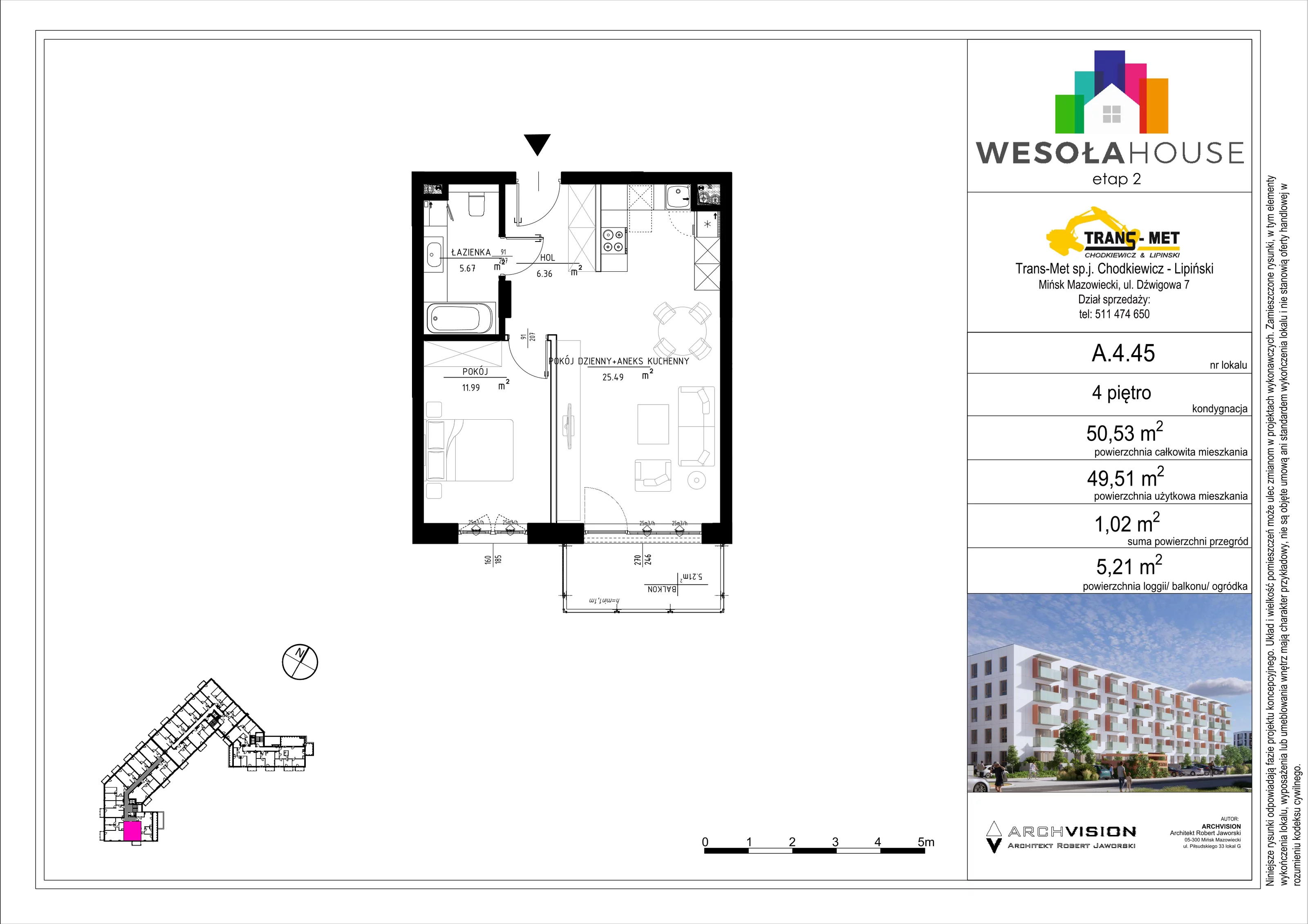 2 pokoje, mieszkanie 49,51 m², piętro 4, oferta nr A.4.45, Wesoła House Etap II, Mińsk Mazowiecki, ul. Wesoła 2B