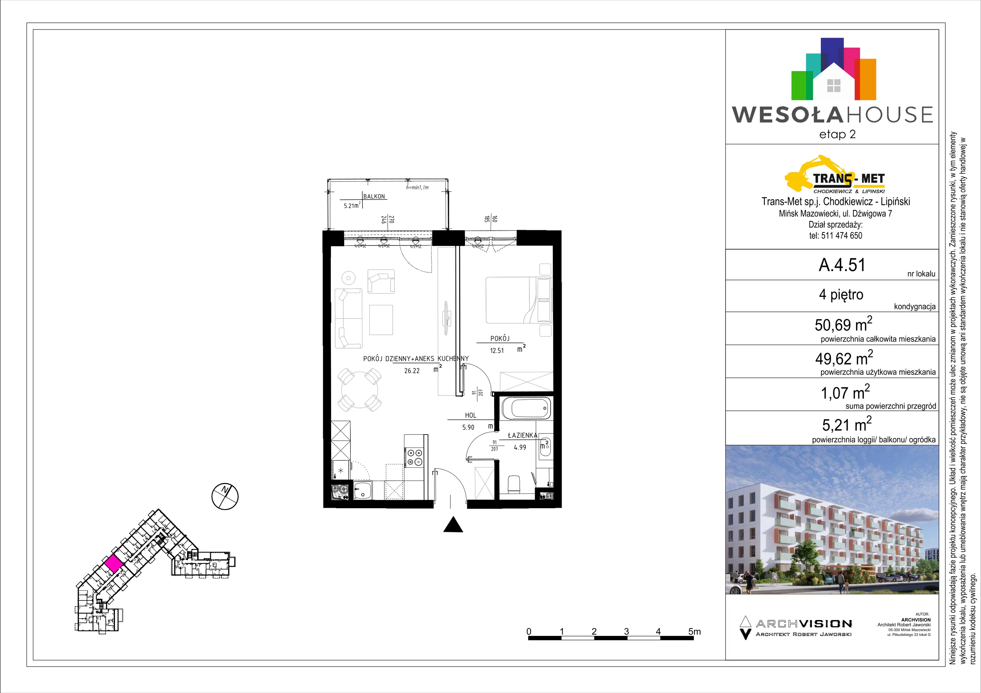 2 pokoje, mieszkanie 49,62 m², piętro 4, oferta nr A.4.51, Wesoła House Etap II, Mińsk Mazowiecki, ul. Wesoła 2B