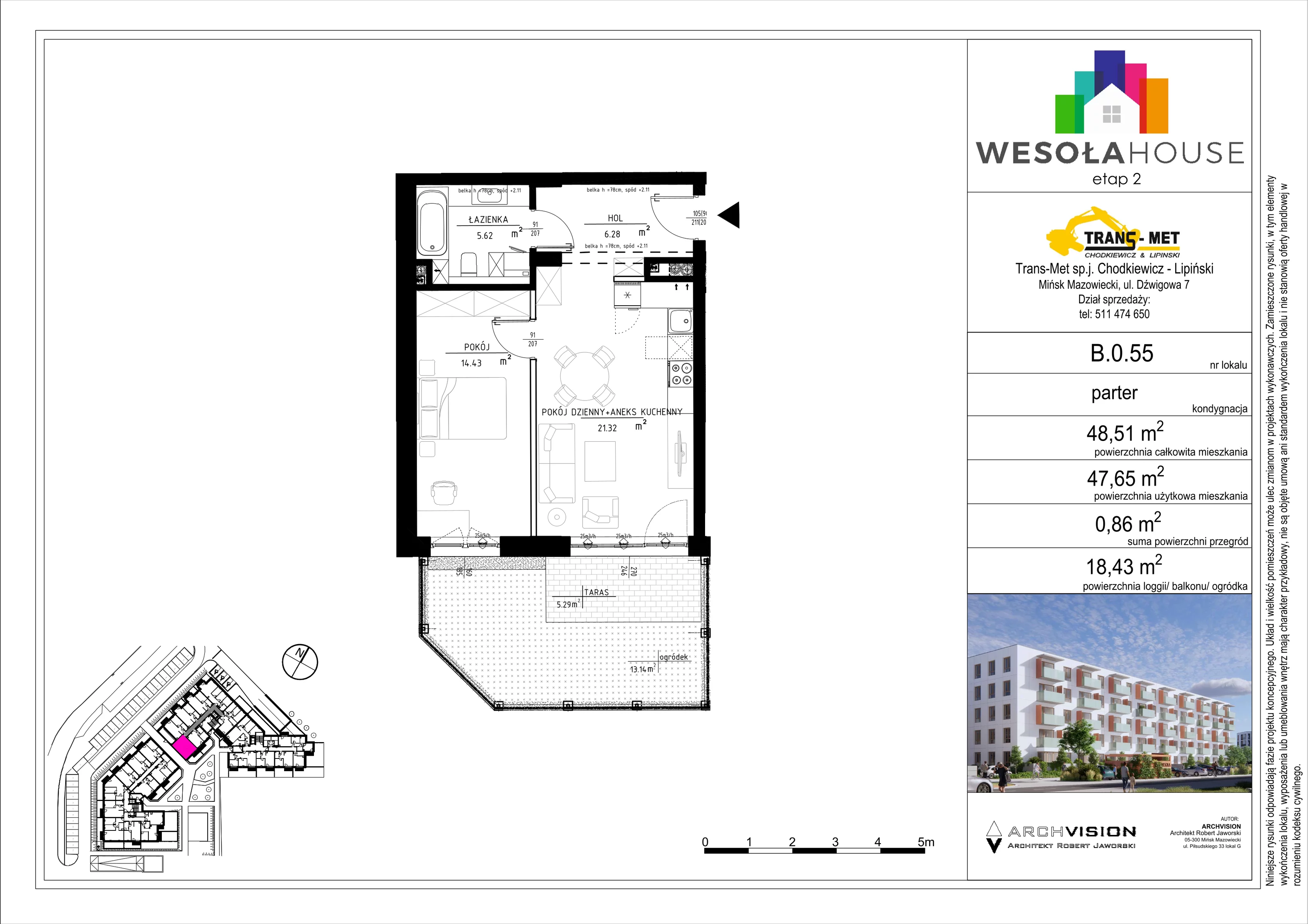 2 pokoje, mieszkanie 47,65 m², parter, oferta nr B.0.55, Wesoła House Etap II, Mińsk Mazowiecki, ul. Wesoła 2B