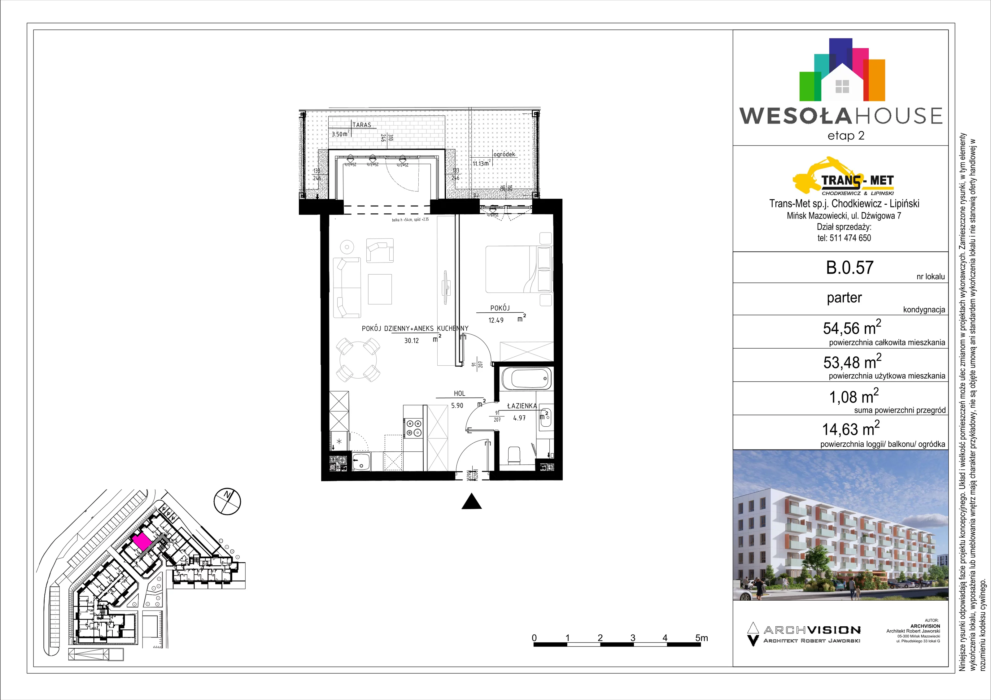 2 pokoje, mieszkanie 53,48 m², parter, oferta nr B.0.57, Wesoła House Etap II, Mińsk Mazowiecki, ul. Wesoła 2B