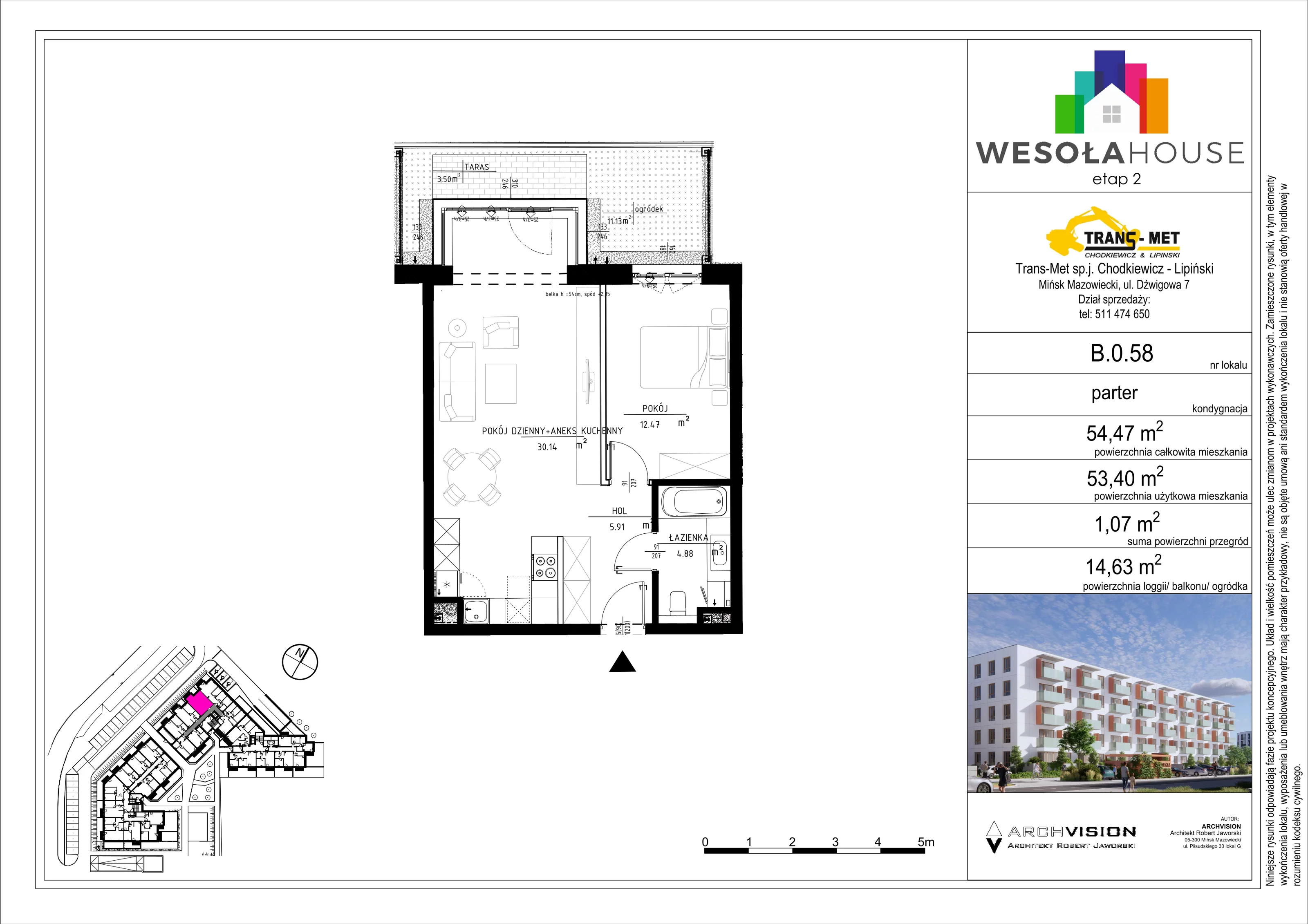 2 pokoje, mieszkanie 53,40 m², parter, oferta nr B.0.58, Wesoła House Etap II, Mińsk Mazowiecki, ul. Wesoła 2B