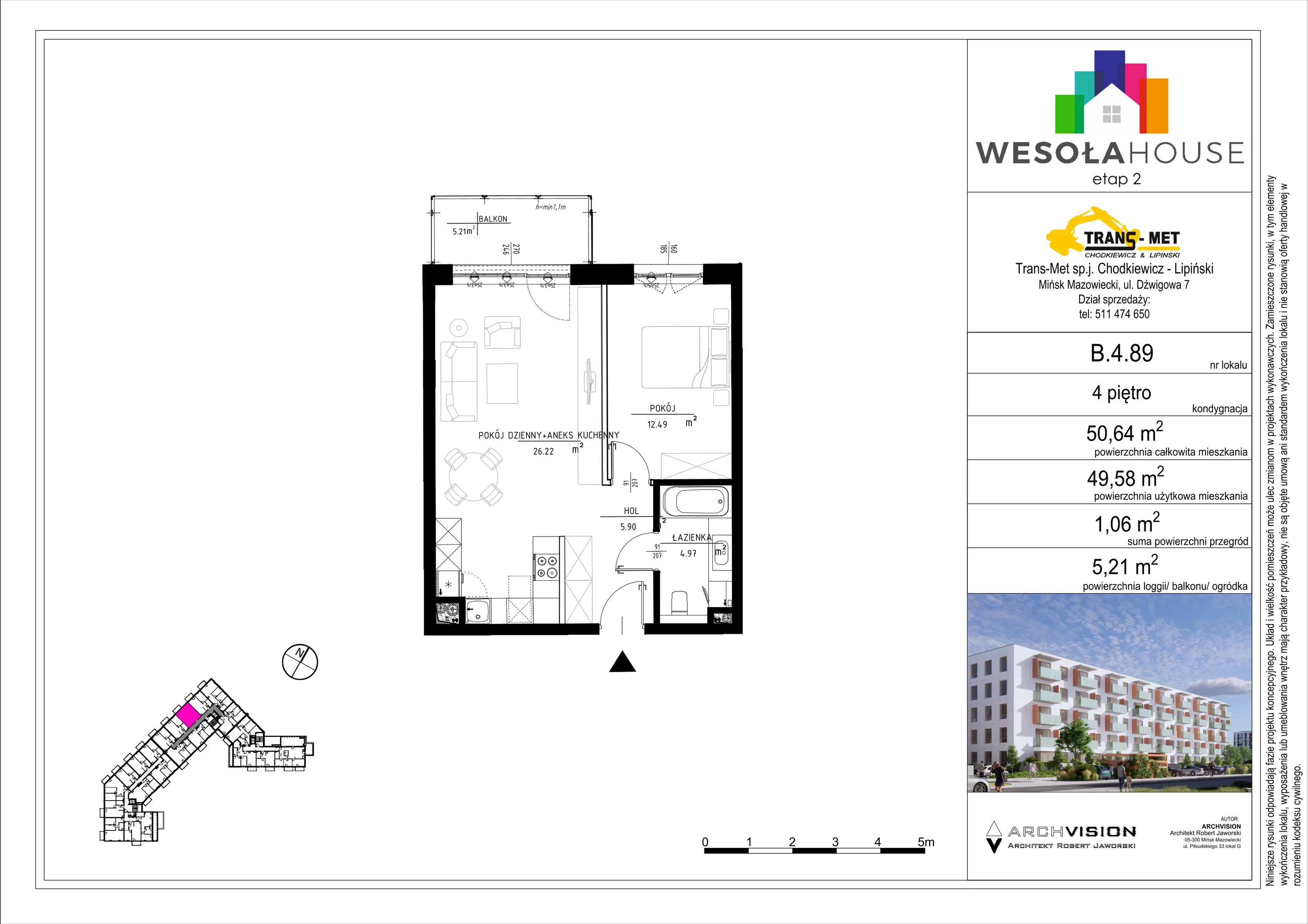 2 pokoje, mieszkanie 49,58 m², piętro 4, oferta nr B.4.89, Wesoła House Etap II, Mińsk Mazowiecki, ul. Wesoła 2B