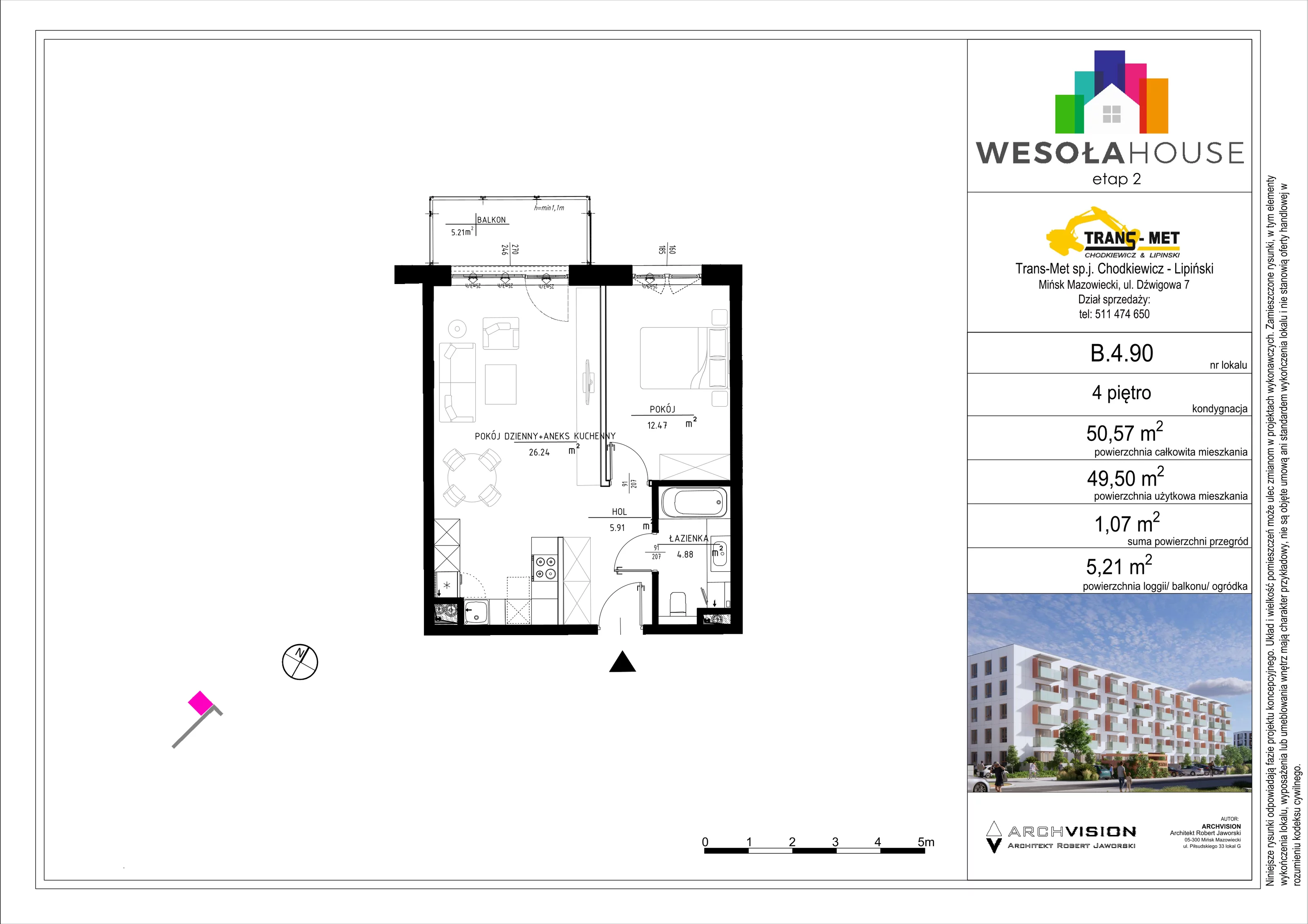 2 pokoje, mieszkanie 49,50 m², piętro 4, oferta nr B.4.90, Wesoła House Etap II, Mińsk Mazowiecki, ul. Wesoła 2B