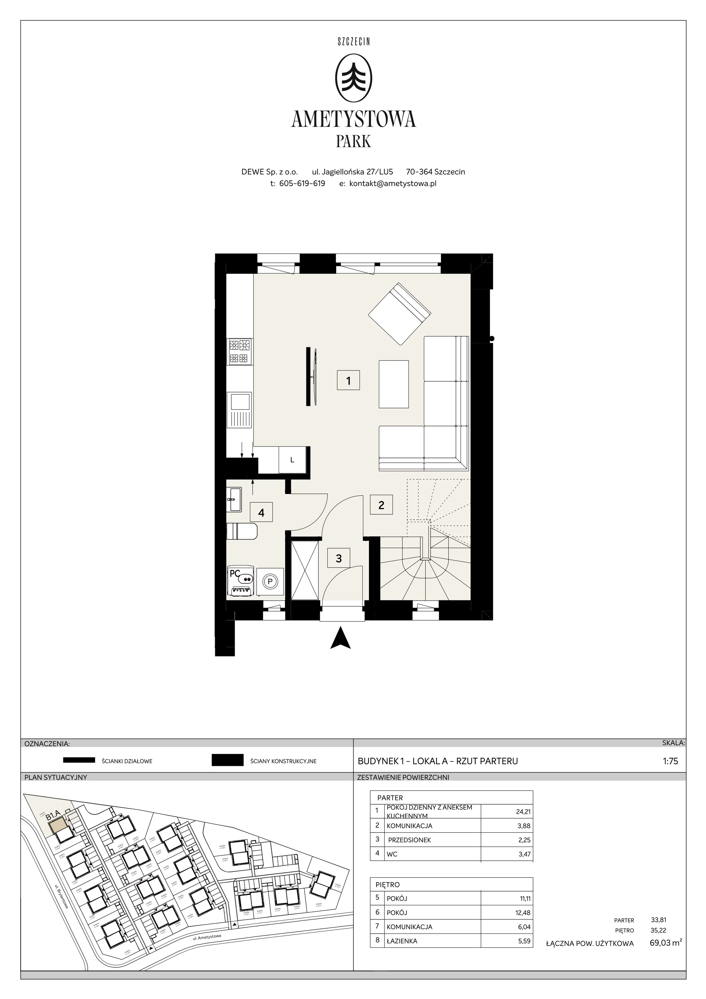 3 pokoje, mieszkanie 69,03 m², parter, oferta nr B1/A, Ametystowa Park, Szczecin, Prawobrzeże, Załom, ul. Ametystowa