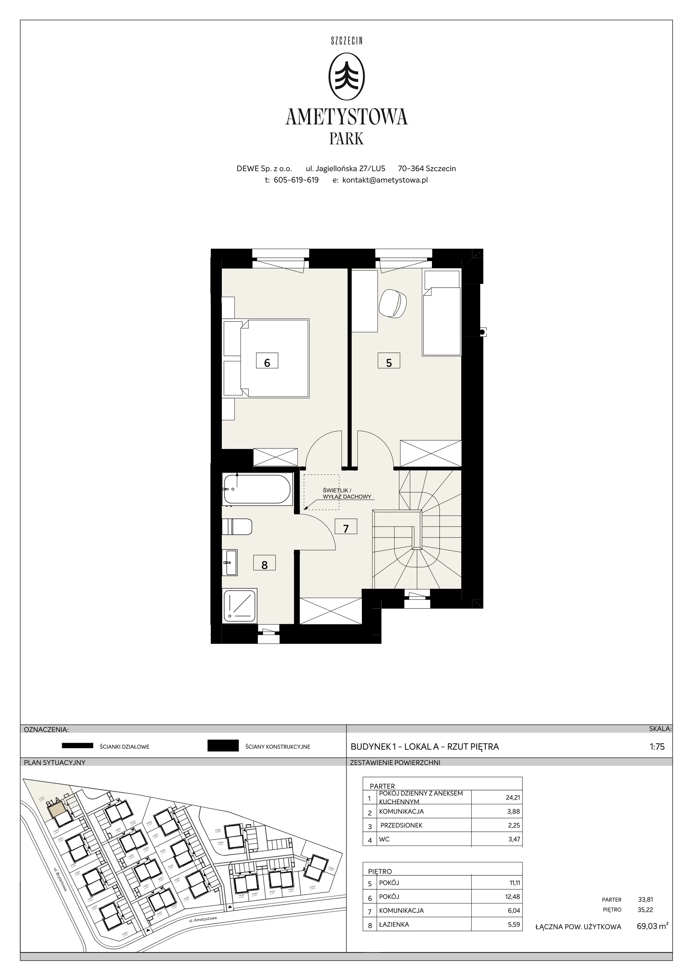 3 pokoje, mieszkanie 69,03 m², parter, oferta nr B1/A, Ametystowa Park, Szczecin, Prawobrzeże, Załom, ul. Ametystowa