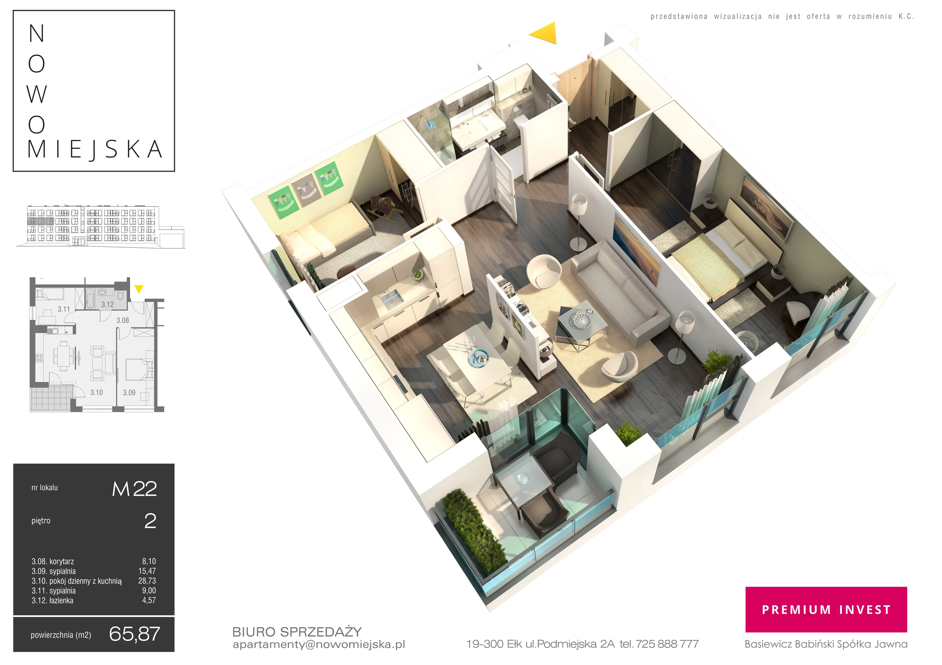 3 pokoje, mieszkanie 65,87 m², piętro 2, oferta nr E22, Nowomiejska, Suwałki, Północ, ul. Nowomiejska