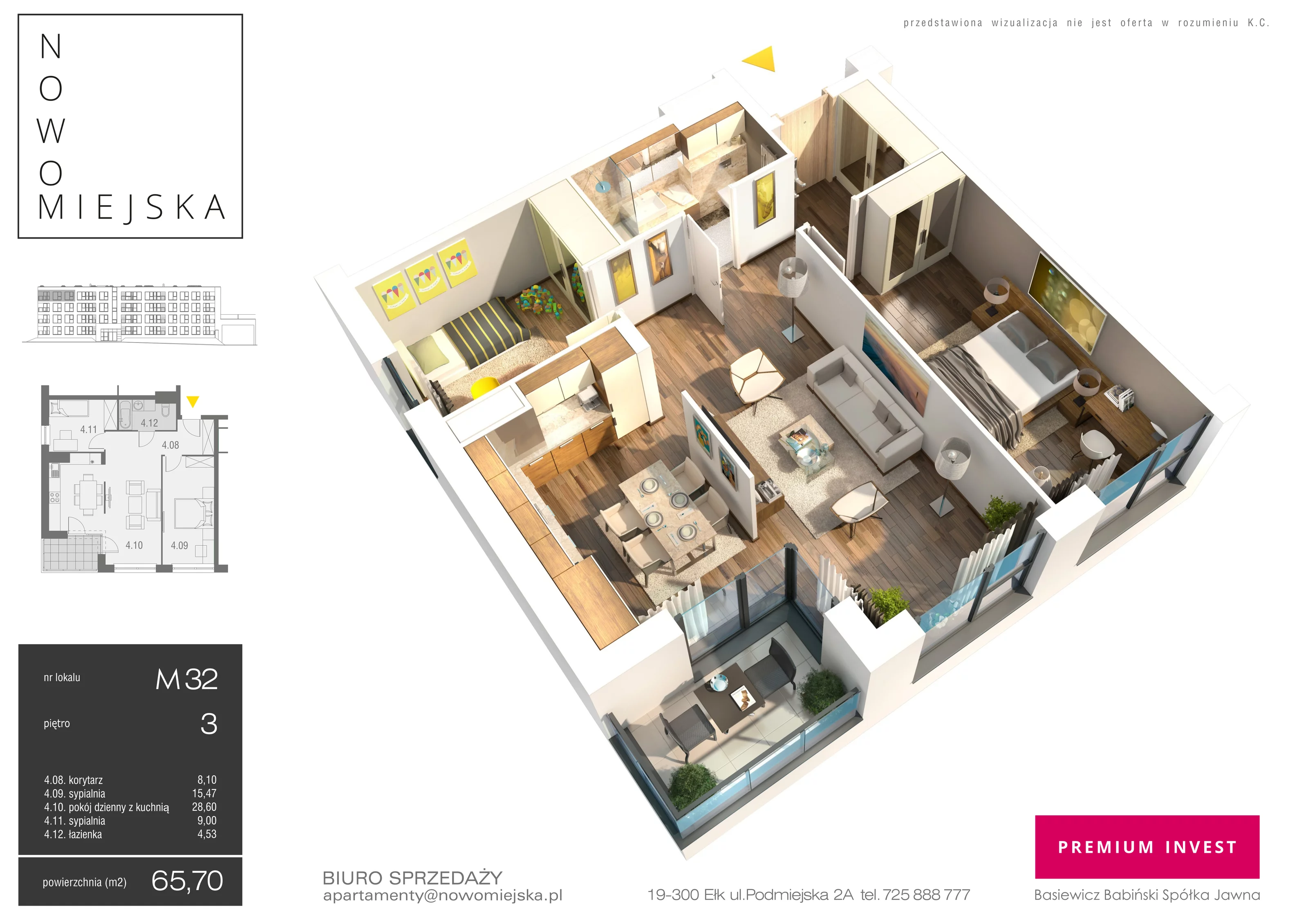 3 pokoje, mieszkanie 65,70 m², piętro 3, oferta nr E32, Nowomiejska, Suwałki, Północ, ul. Nowomiejska