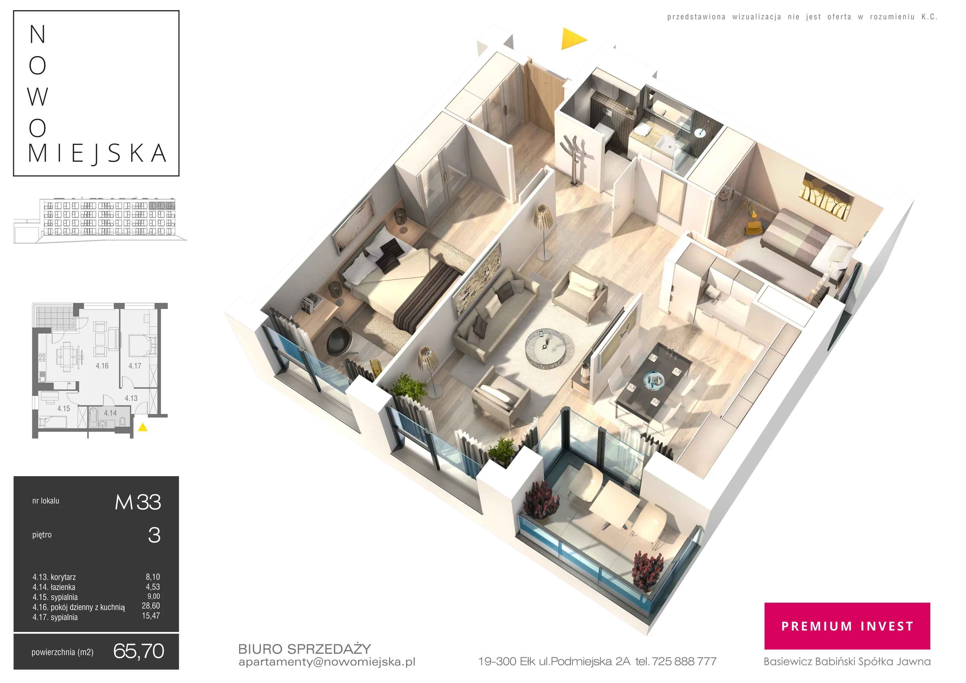 3 pokoje, mieszkanie 65,70 m², piętro 3, oferta nr E33, Nowomiejska, Suwałki, Północ, ul. Nowomiejska