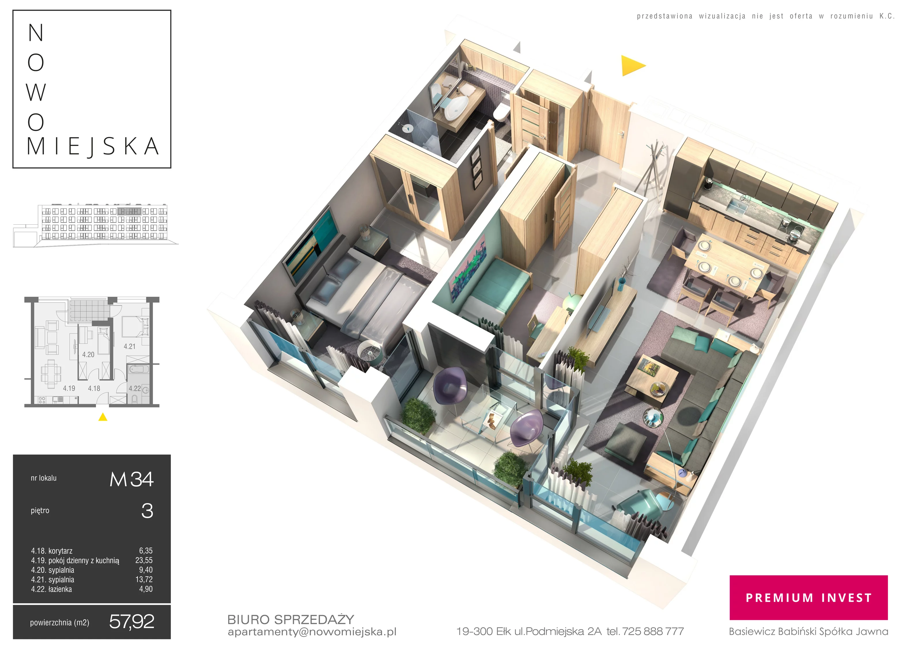 3 pokoje, mieszkanie 57,92 m², piętro 3, oferta nr E34, Nowomiejska, Suwałki, Północ, ul. Nowomiejska