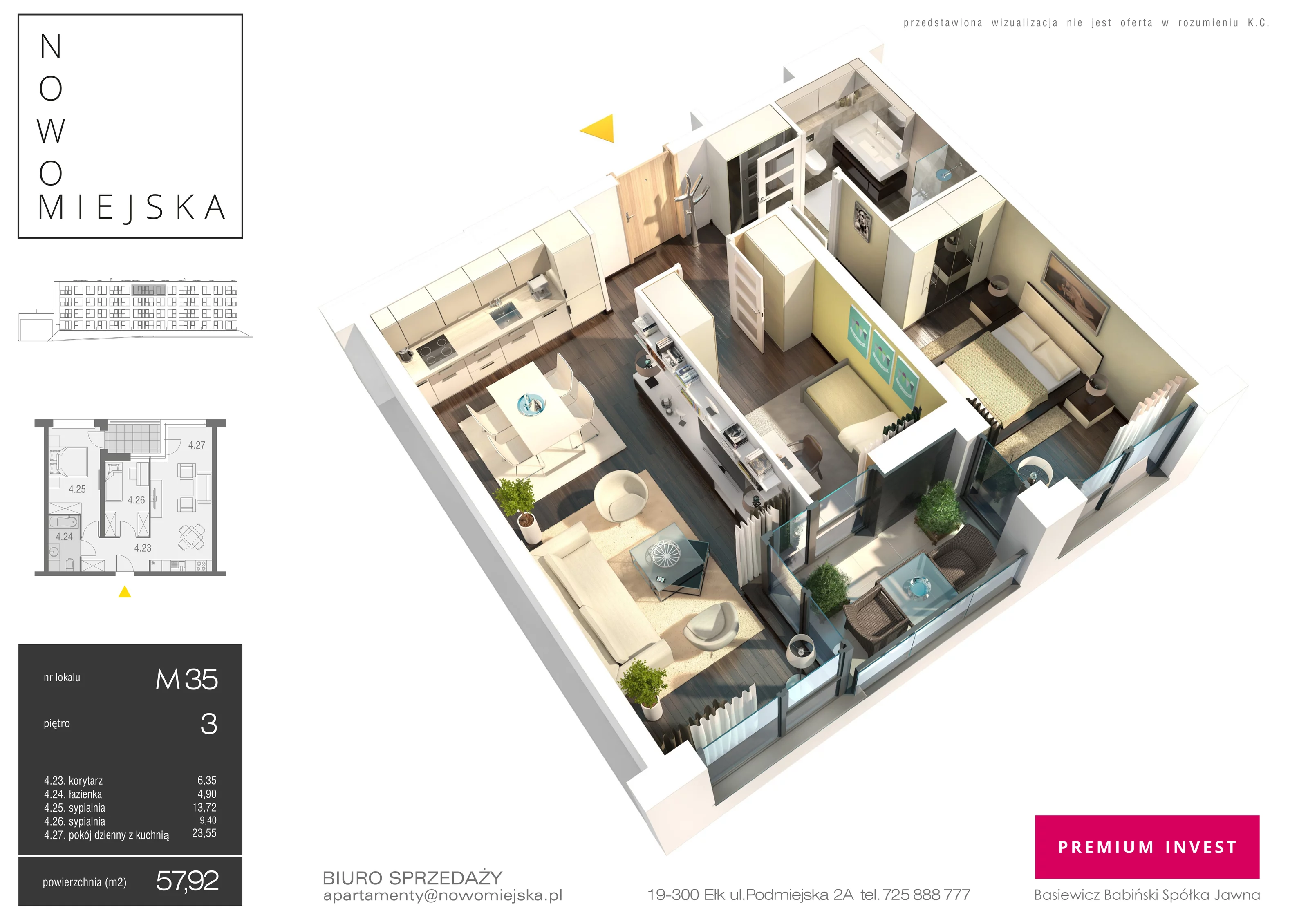 3 pokoje, mieszkanie 57,92 m², piętro 3, oferta nr E35, Nowomiejska, Suwałki, Północ, ul. Nowomiejska