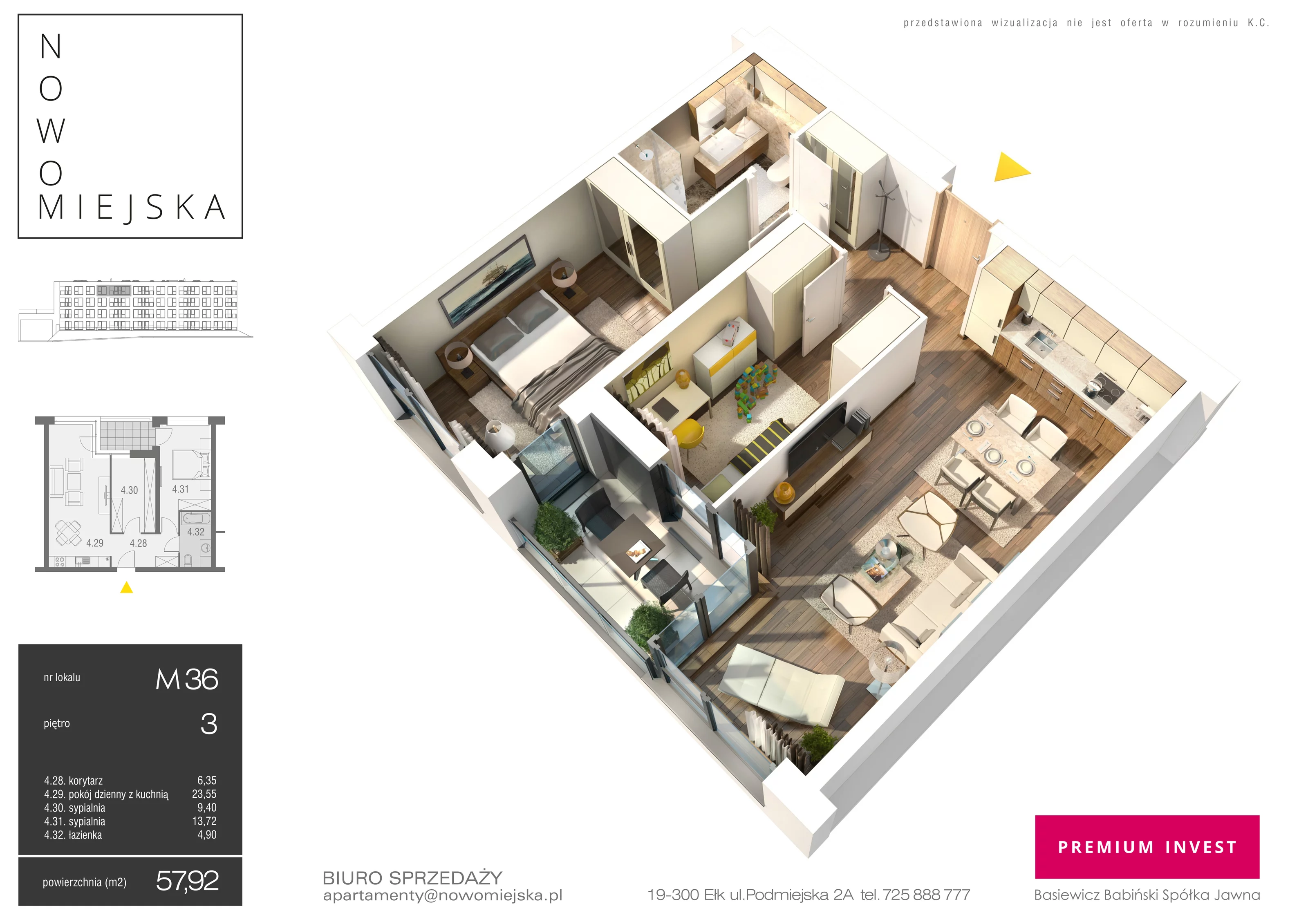 3 pokoje, mieszkanie 57,92 m², piętro 3, oferta nr E36, Nowomiejska, Suwałki, Północ, ul. Nowomiejska