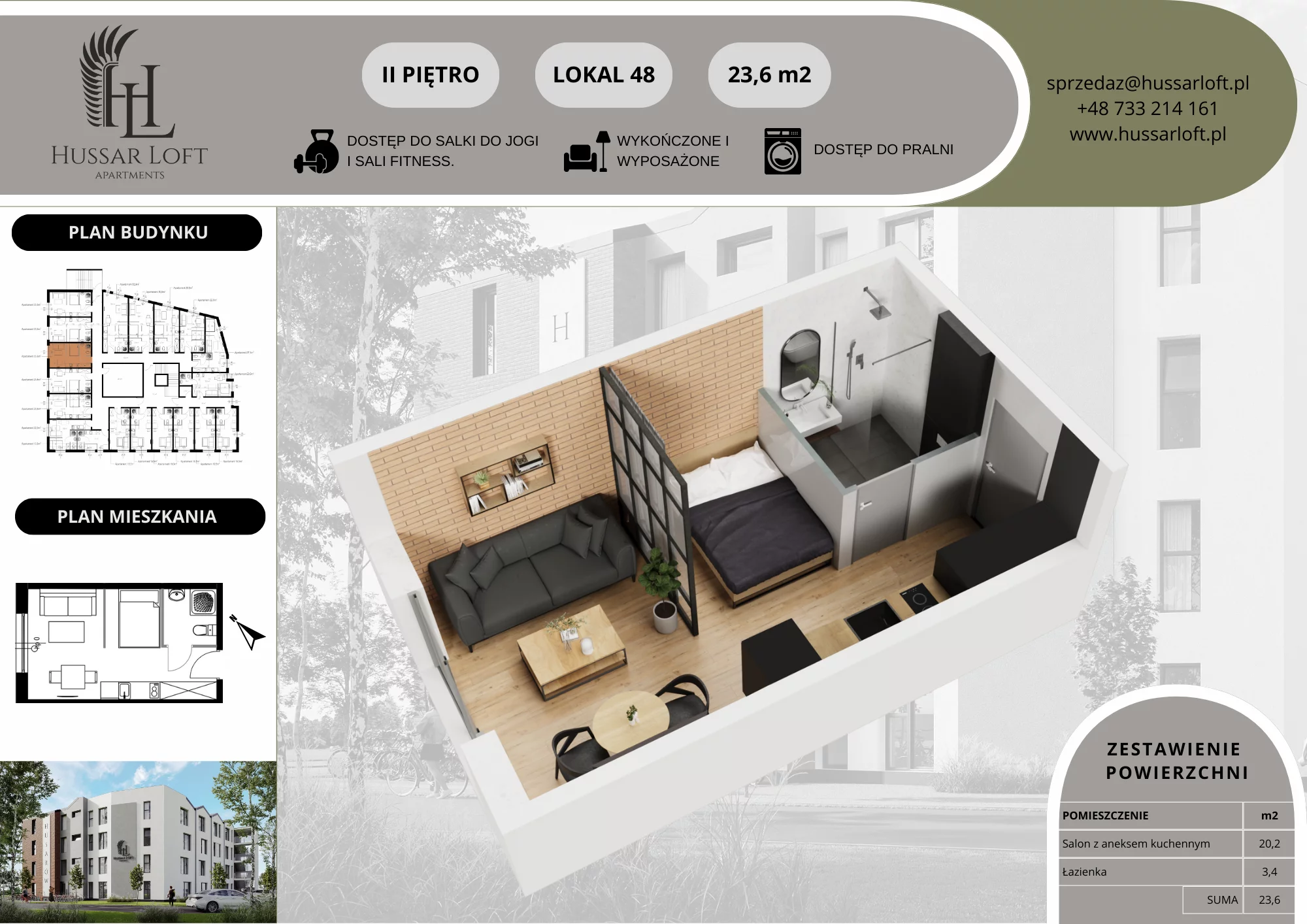 1 pokój, lokal inwestycyjny 23,60 m², piętro 2, oferta nr 48, Hussar Loft, Szczecin, Zachód, Gumieńce, ul. Husarów