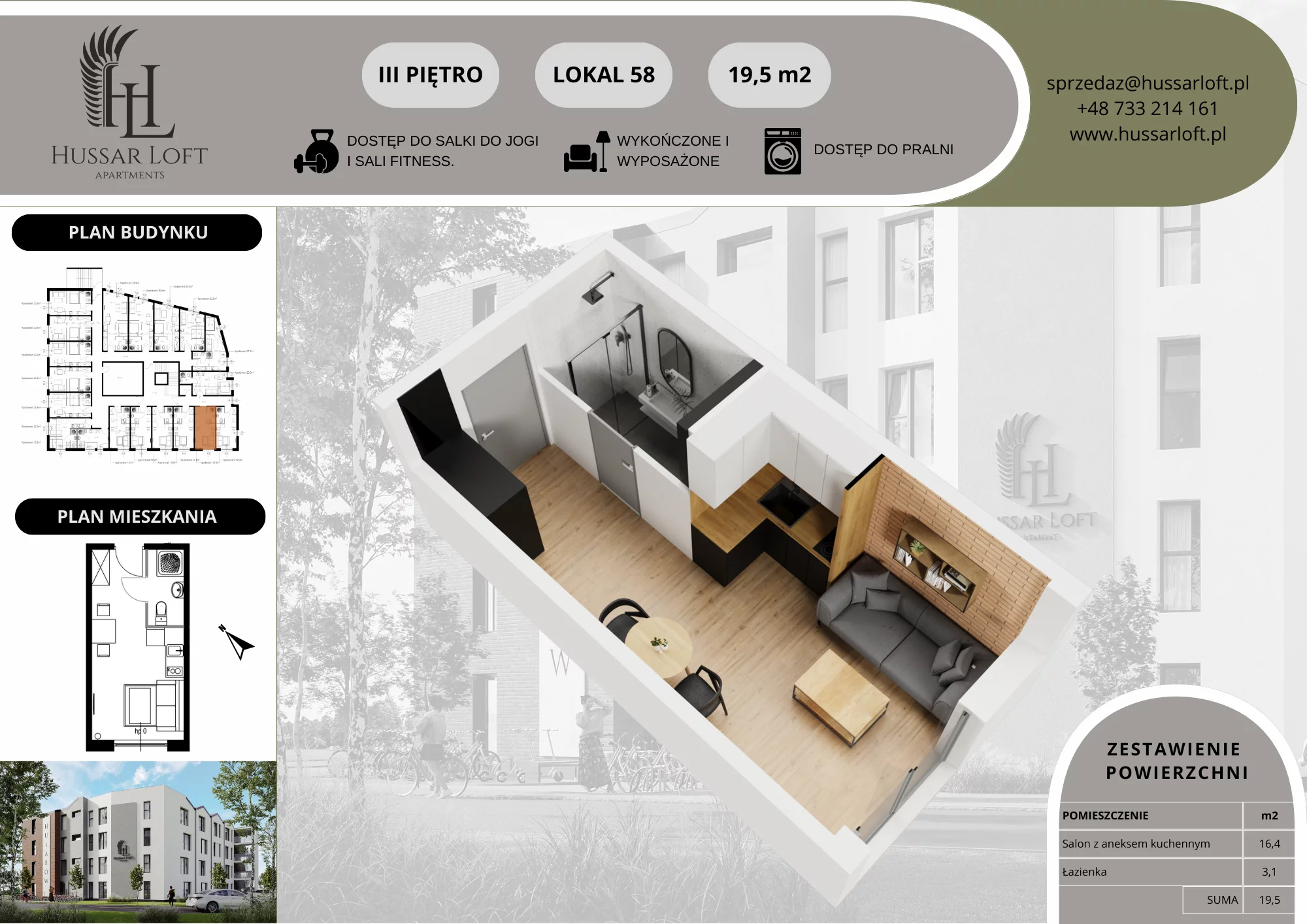 1 pokój, lokal inwestycyjny 19,50 m², piętro 3, oferta nr 58, Hussar Loft, Szczecin, Zachód, Gumieńce, ul. Husarów