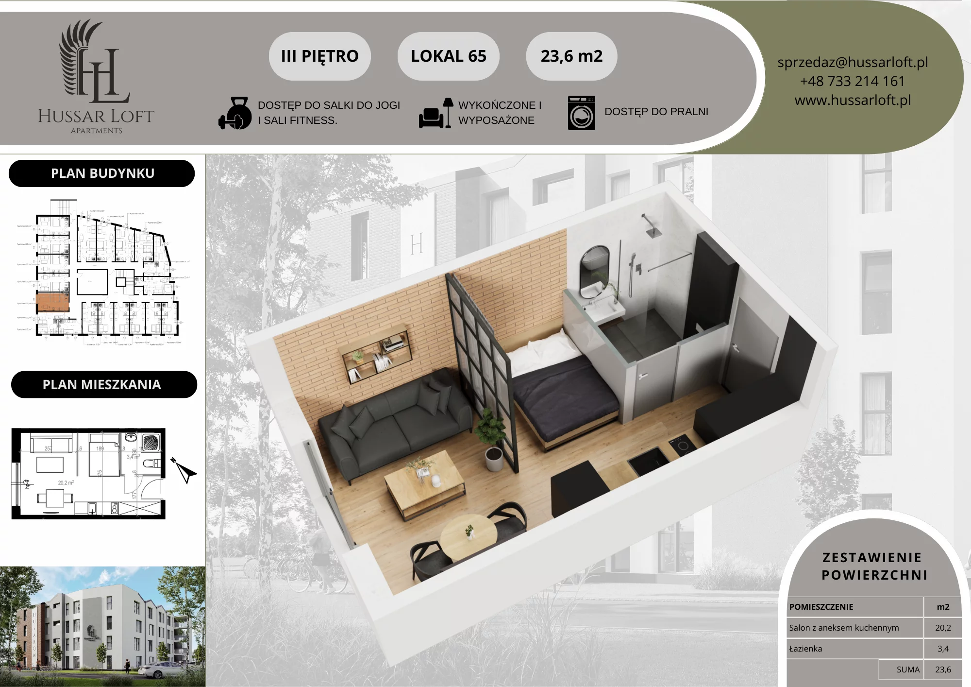 1 pokój, lokal inwestycyjny 23,60 m², piętro 3, oferta nr 65, Hussar Loft, Szczecin, Zachód, Gumieńce, ul. Husarów