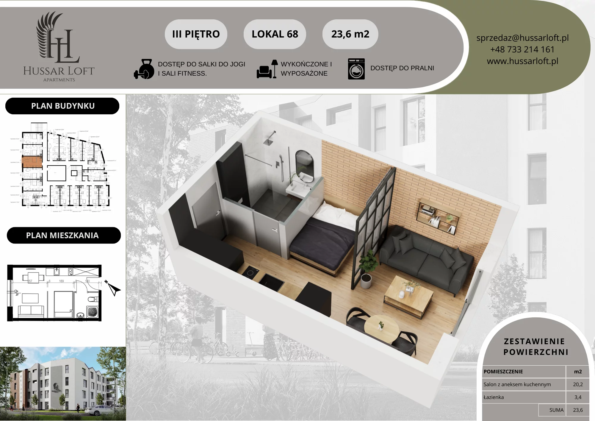 1 pokój, lokal inwestycyjny 23,60 m², piętro 3, oferta nr 68, Hussar Loft, Szczecin, Zachód, Gumieńce, ul. Husarów