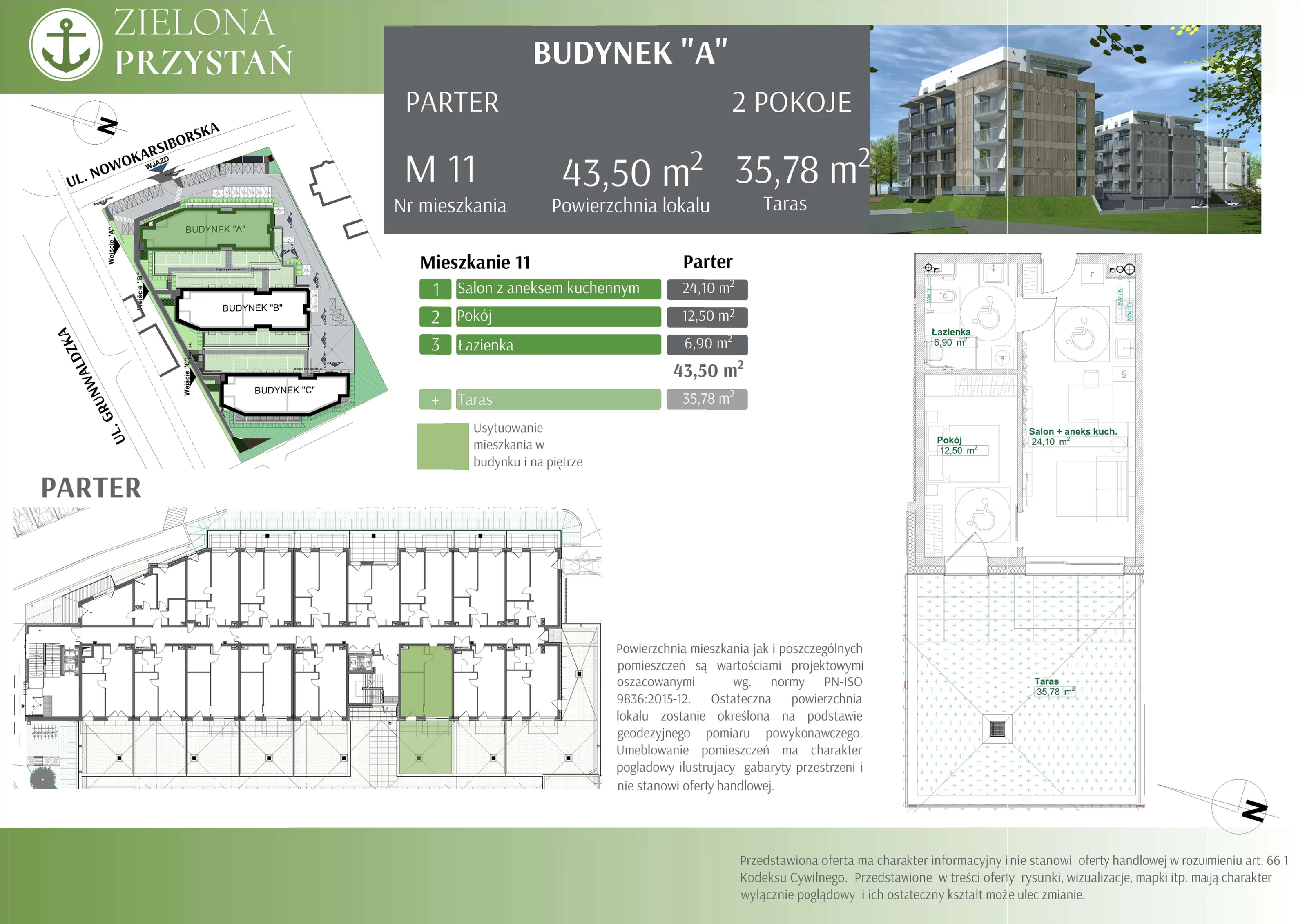 2 pokoje, mieszkanie 43,50 m², parter, oferta nr 11, Zielona Przystań, Świnoujście, Osiedle Zachodnie, ul. Nowokarsiborska 3