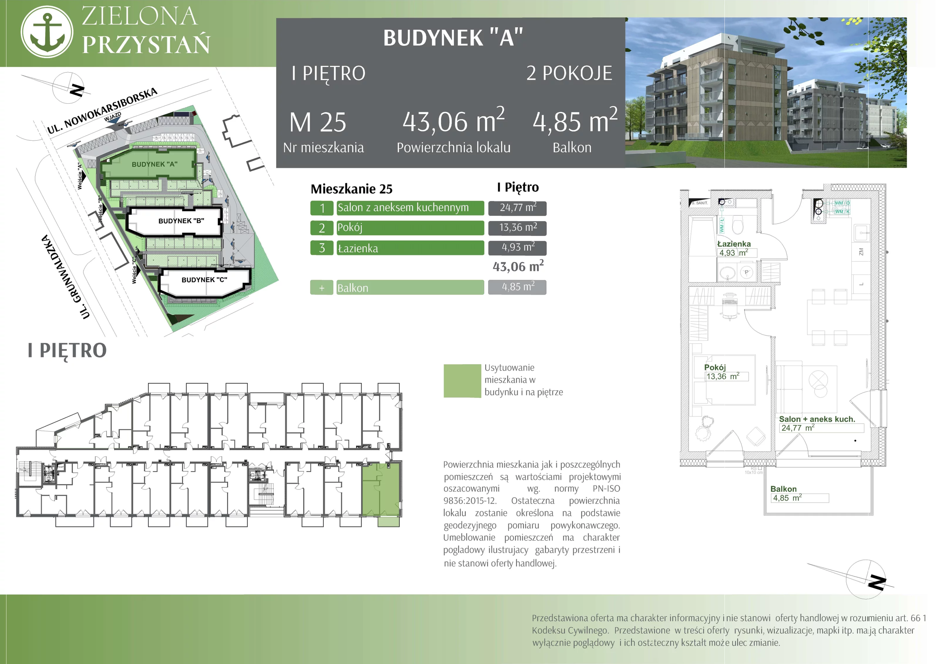 2 pokoje, mieszkanie 43,06 m², piętro 1, oferta nr 25, Zielona Przystań, Świnoujście, Osiedle Zachodnie, ul. Nowokarsiborska 3