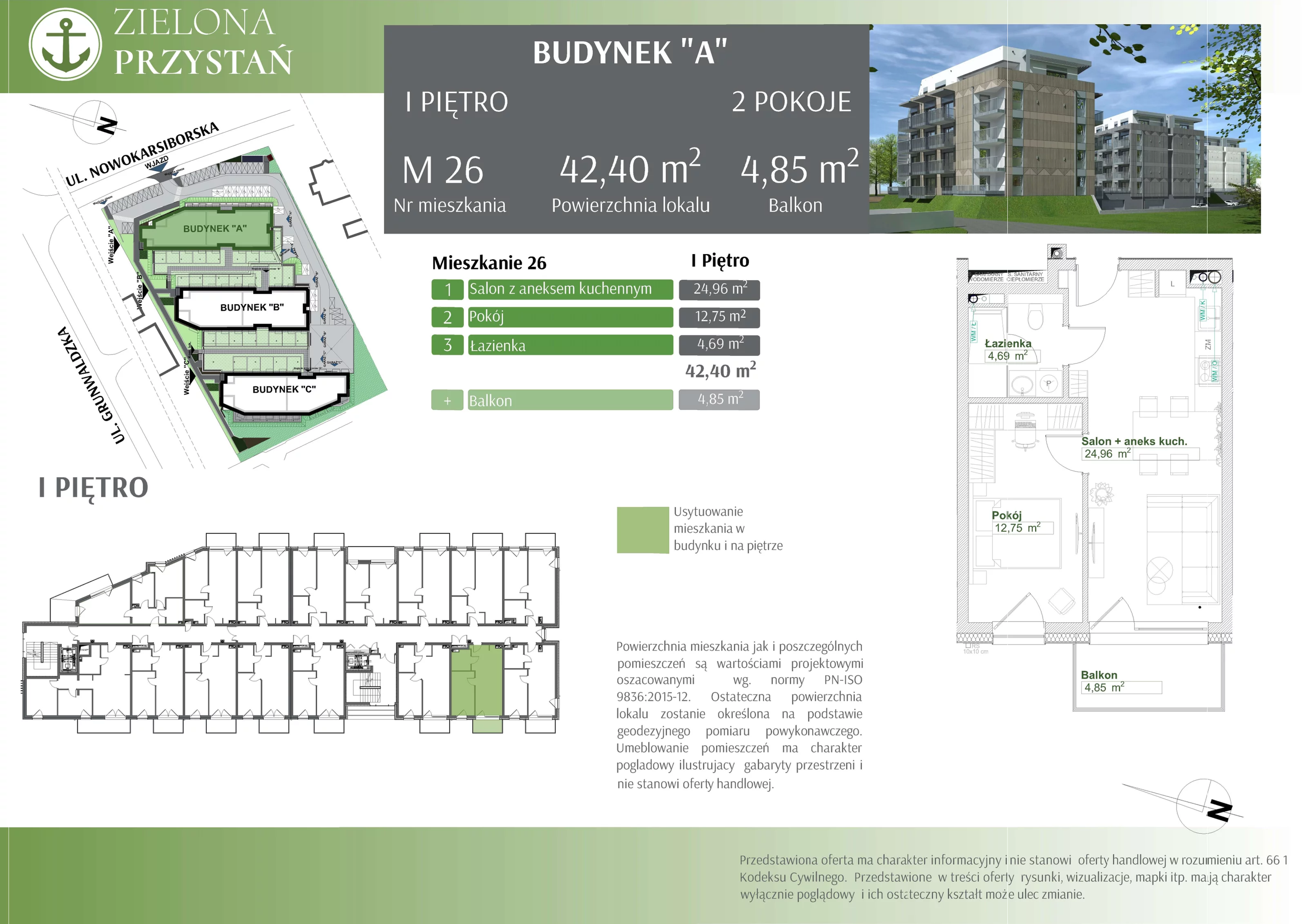 2 pokoje, mieszkanie 42,40 m², piętro 1, oferta nr 26, Zielona Przystań, Świnoujście, Osiedle Zachodnie, ul. Nowokarsiborska 3